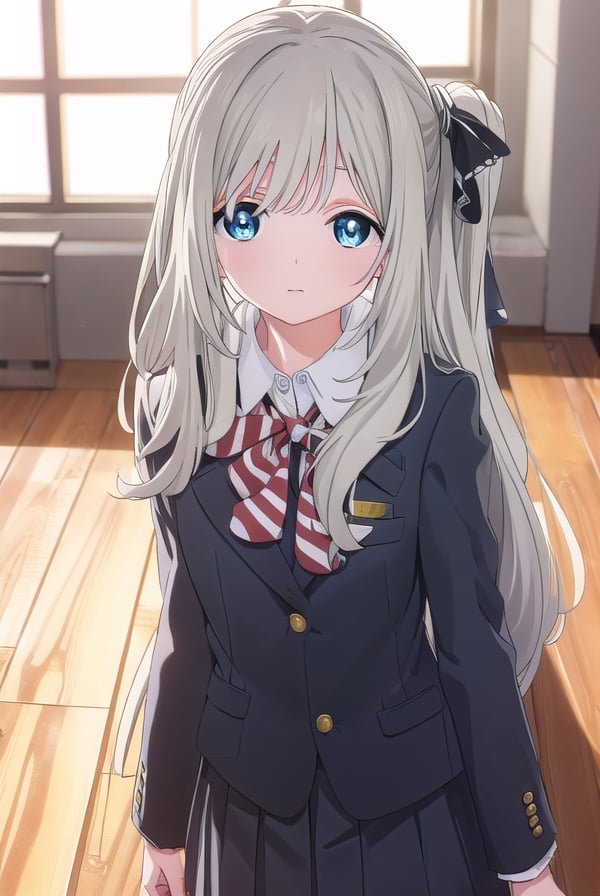 hotaruhiraiwa, <lora:hotaru hiraiwa s1-lora-nochekaiser:1>,hotaru hiraiwa, long hair, bangs, blue eyes, grey hair,BREAK skirt, long sleeves, school uniform, jacket, socks, black skirt, two side up, black jacket, kneehighs, blazer, black socks, bow, bowtie, stripped, stripped bowtie,BREAK indoors, classroom,BREAK looking at viewer, (cowboy shot:1.5),BREAK <lyco:GoodHands-beta2:1>, (masterpiece:1.2), best quality, high resolution, unity 8k wallpaper, (illustration:0.8), (beautiful detailed eyes:1.6), extremely detailed face, perfect lighting, extremely detailed CG, (perfect hands, perfect anatomy),