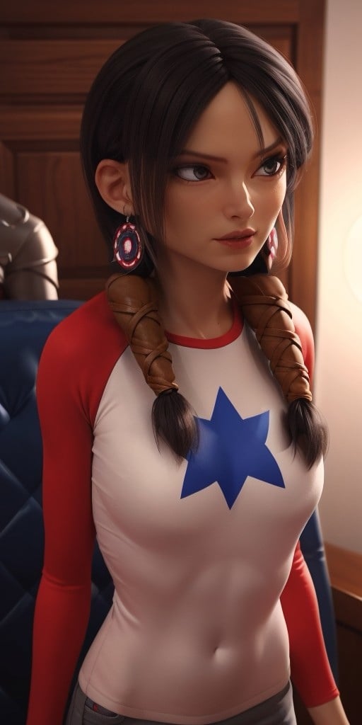 Hyperrealistic, photorealistic, super detailed, black hair, fifteen years old, expressive grey eyes, body like in real life, large pores, slender, light brown skin, beautiful arms, very little breasts, unreal engine, octane render, droped shadow, bokeh, cinematic lighting, <lora:add_detail:0.5>, <lora:Volumetric_lighting:0.6>, hair is parted down the middle braided at the sides and wrapped in leather, gray eyes, fingernails are painted with a metallic blue nail polish, eyebrows are sharply curved at the outer ends, Birth mark can be seen under her left eye, , <lora:4dcdfb52-dfd4-4bd7-9c48-948e4f9c3676:0.7>