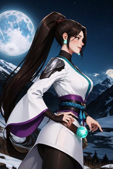 masterpiece, best quality, 1girl,  <lora:valorantsage-nvwls-v1-000009:0.9> valorantSage, ponytail, earrings, white robes, bridal gauntlets, sash, black pants, large breasts, profile, smile, night sky, mountains, moon