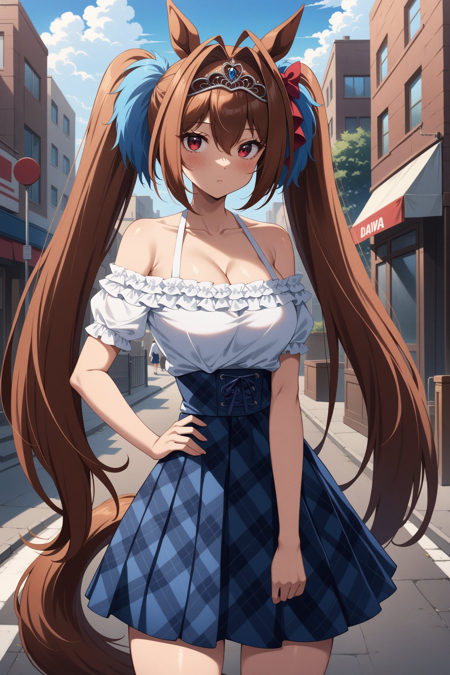 (masterpiece, best quality, very aesthetic, ultra detailed), intricate details, 4k, anime style, aadaiwa, long hair, twintails, hair bow, animal ears, tiara, horse tail, bare shoulders, off-shoulder, cleavage, white shirt, short sleeves, plaid skirt, blue skirt, <lora:daiwa_scalet_XL_v1:0.9>, street, standing, cowboy shot, 