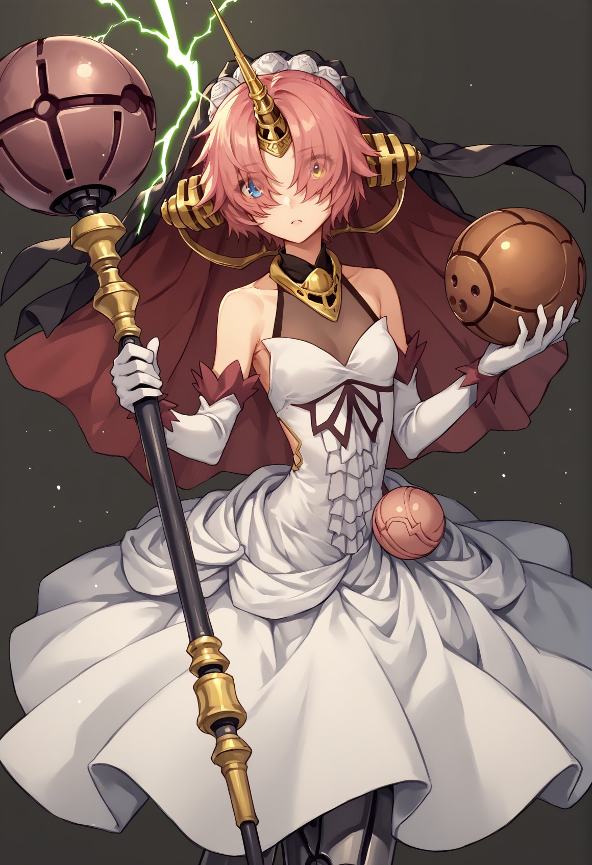 pink hair, hair bun, double bun, heterochromia, blue eyes, yellow eyes, hair over eyes, single horn, mechanical horn, hair ornament, see-through cleavage, white dress, elbow gloves, veil, mechanical legs, holding weapon, mace, green electricity  <lora:Fran:1>, score_9, score_8_up, score_7_up, score_6_up, score_5_up, score_4_up, BREAK source_anime, masterpiece