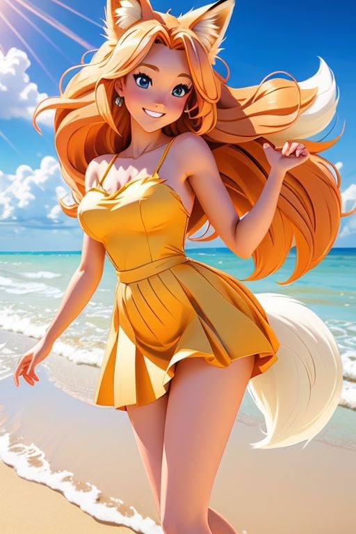 (((ultra realistic 3D anime))) queen foxie, up view, solo, full body shot, at the beach,  upskirt, happy, cheering, elegant, classy