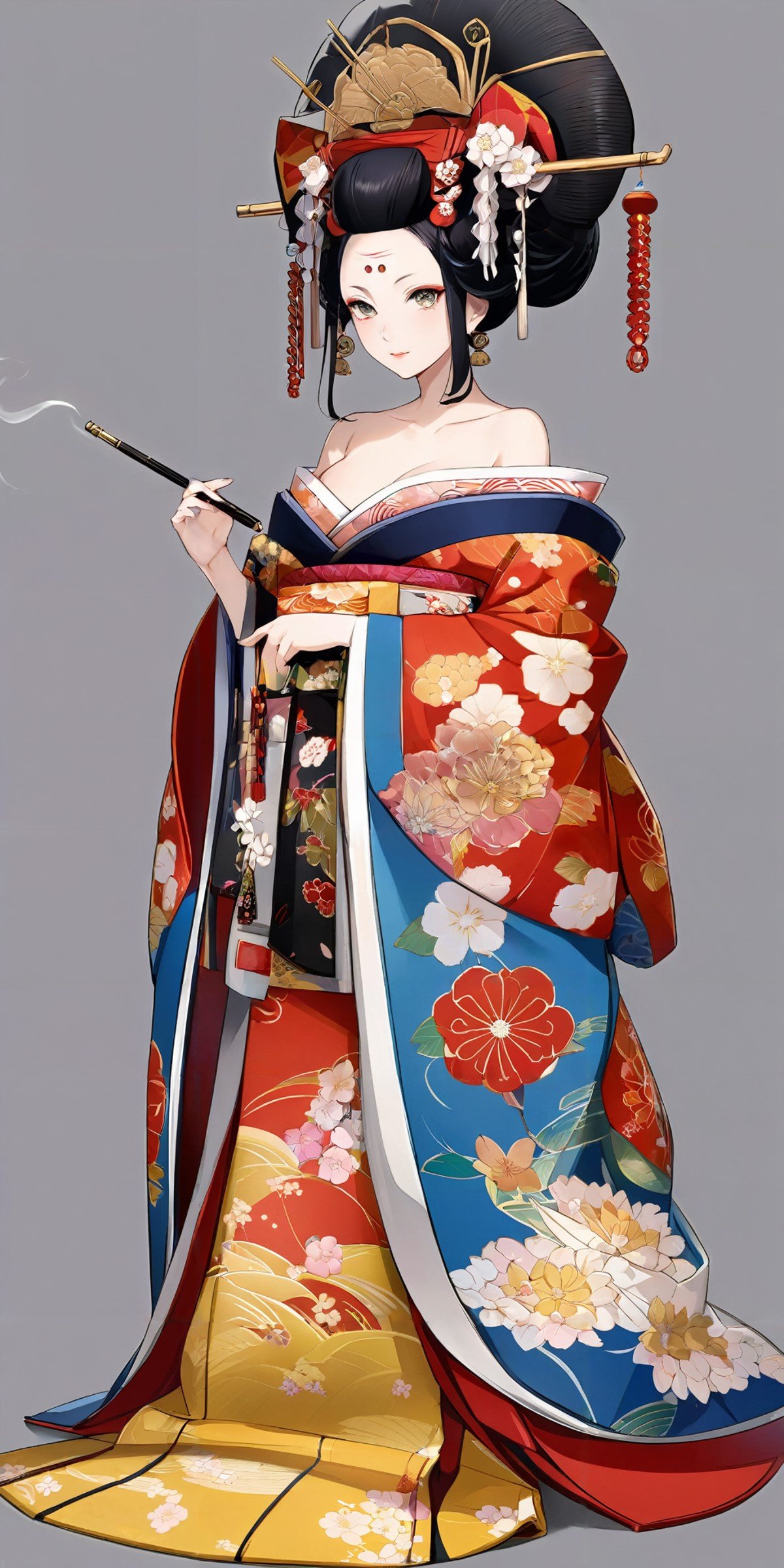 masterpiece,ultra-detailed,best quality,8K,illustration,cute face,clean skin ,shiny hair,girl,ultra-detailed-eyes,simple background, <lora:add-detail-xl:1> <lora:oiran_XL_V1.0:0.6> oiran, hair ornament, japanese clothes, floral print, long sleeves,off shoulder,holding smoking pipe,smoking,full body