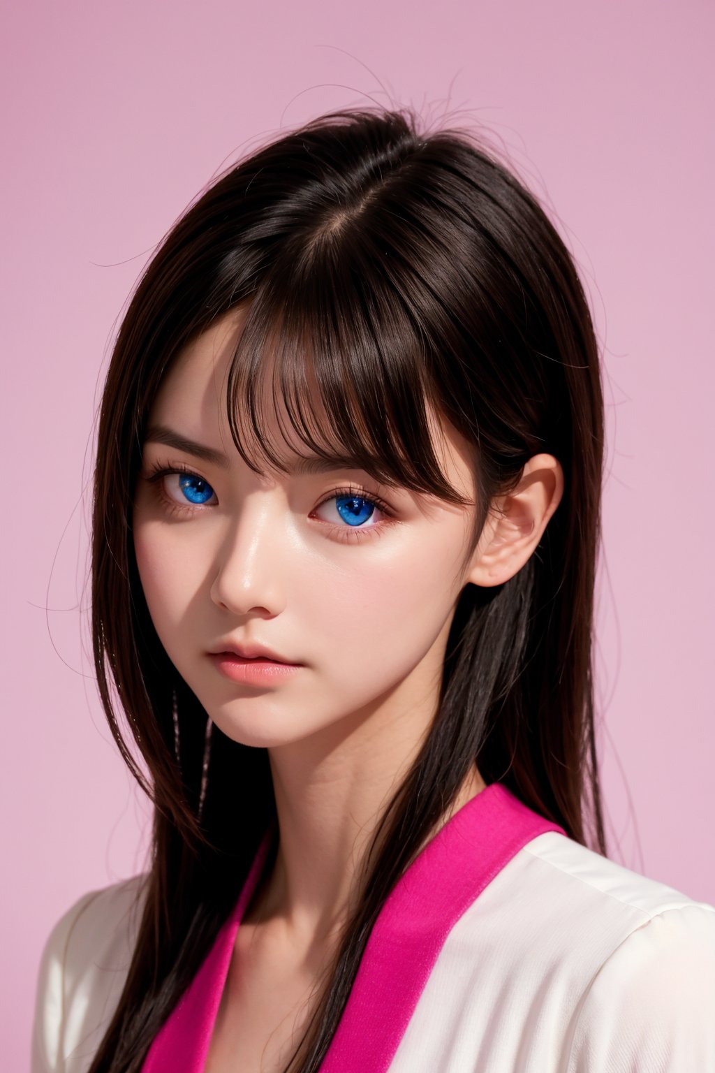 <lora:AgainEyes:1.5>,1girl,black hair,portrait,white dress,blue eyes,shining eyes,(pink simple background:1.25),