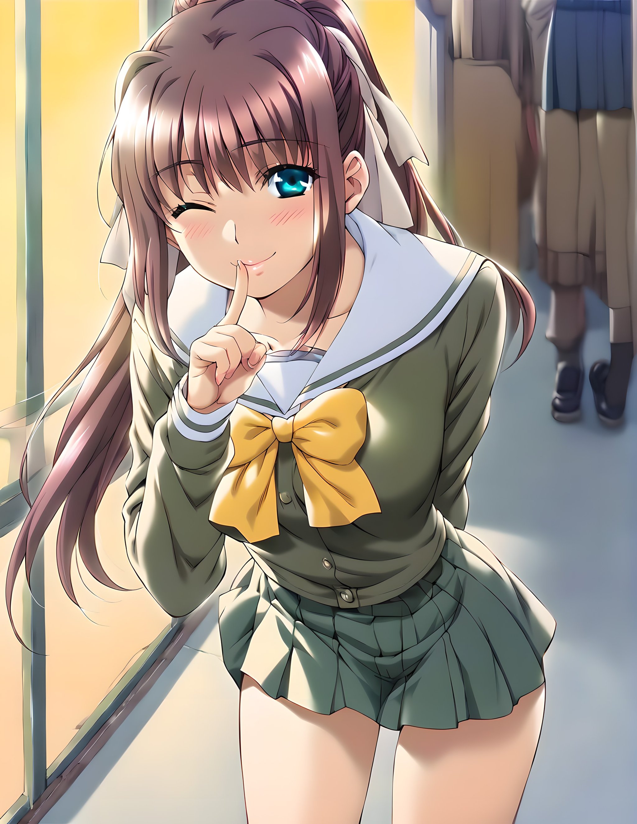 <lora:pony_xl_ren:0.8>,ren,score_9,score_8_up,score_7_up,source_anime,1girl,looking_at_viewer,school_uniform,open_skirt,socks,city,gentle girl,smile,light_blush,one-eyed wink,index_finger_raised,hand_to_mouth,arm_behind_back,leaning_forward,standing,inner crotch,front view,