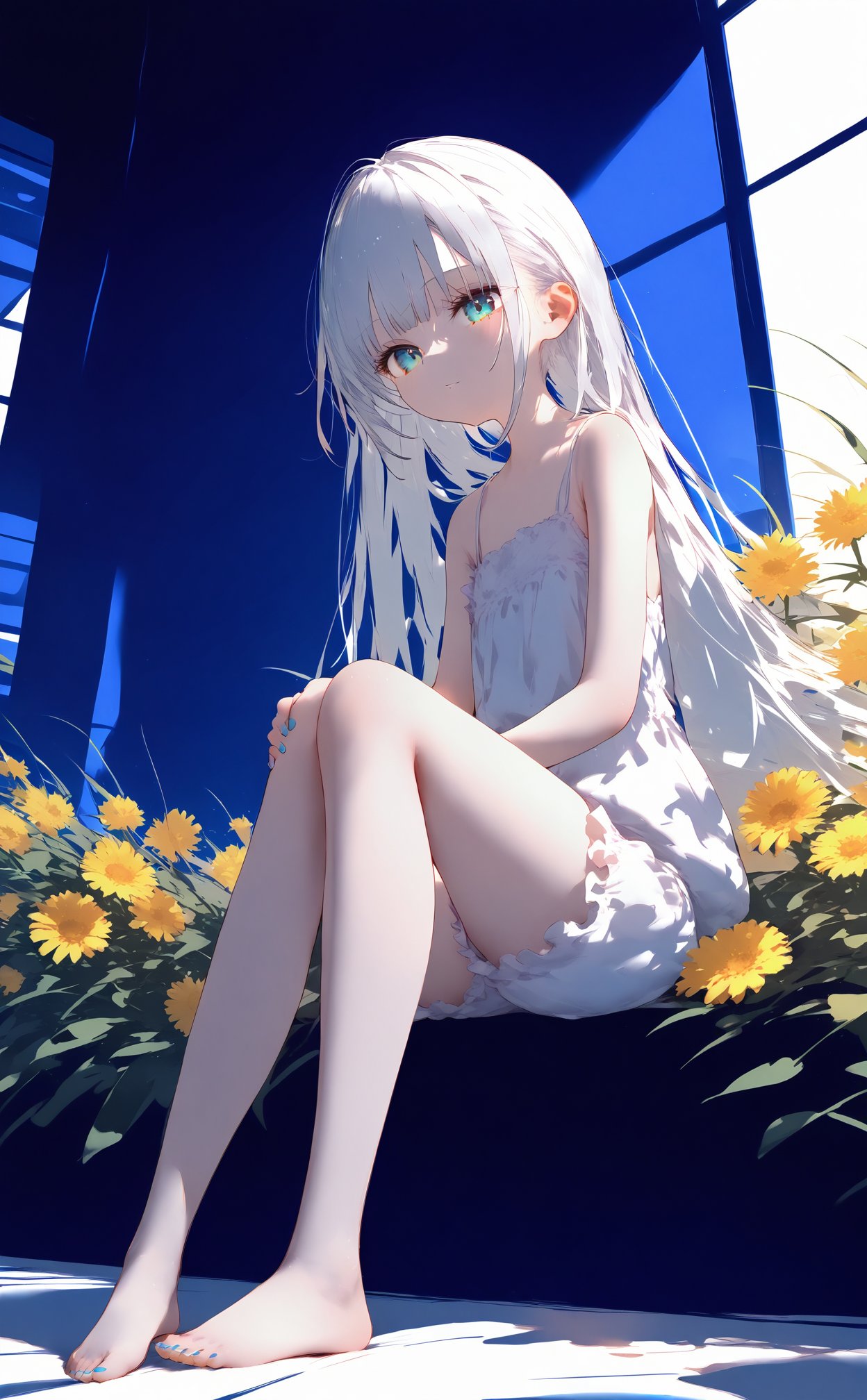 masterpiece,best quality,high quality,(colorful),nai3 Style,loli,Yellow flowers,Blue wall,Closed windows,1girl,nail_polish,toenail_polish,barefoot,blue_nails,toenails,bloomers,solo,aqua_nails,feet,sitting,long_hair,linen hair,bare legs,barefoot,bare legs,sit on the ground,