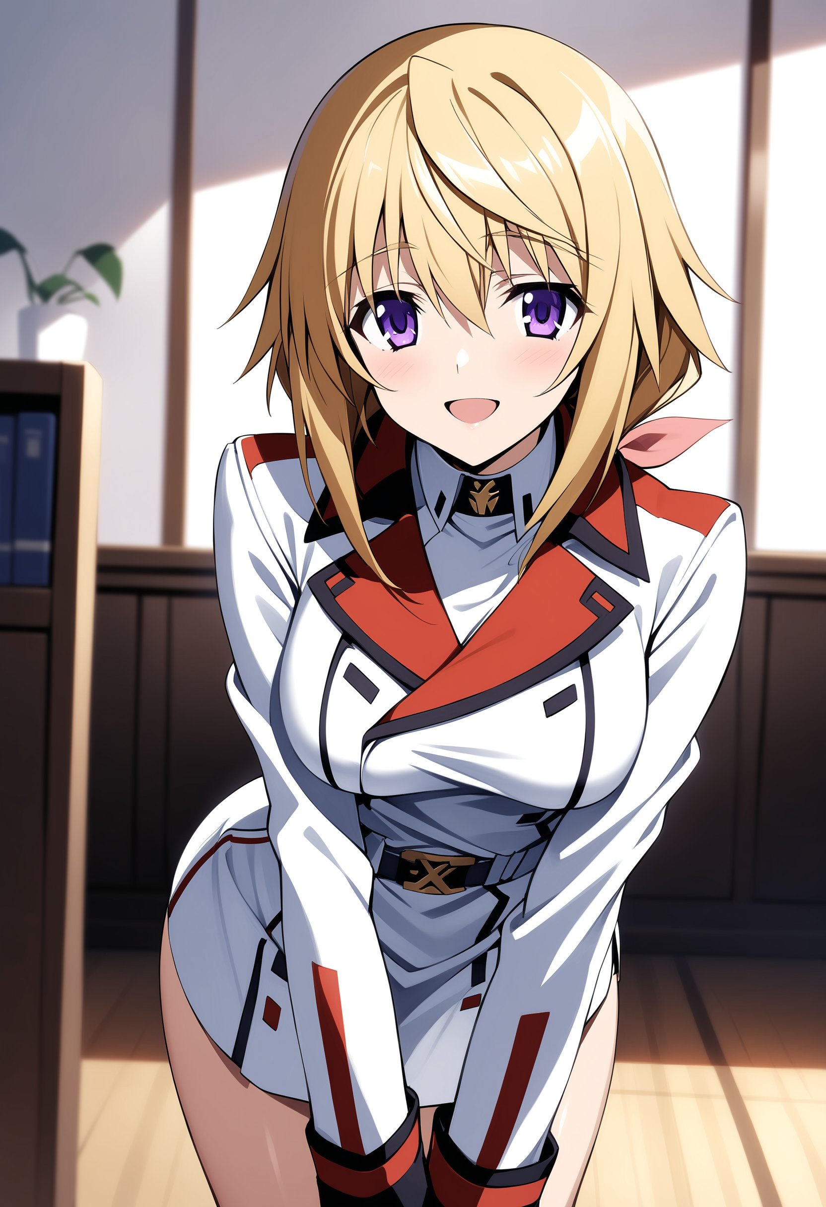 masterpiece, best quality, very aesthetic, absurdres,1girl, charlotte dunois, infinite stratos, infinite stratos academy school uniform, blonde hair, purple eyes, leaning forward, open mouth, smile,