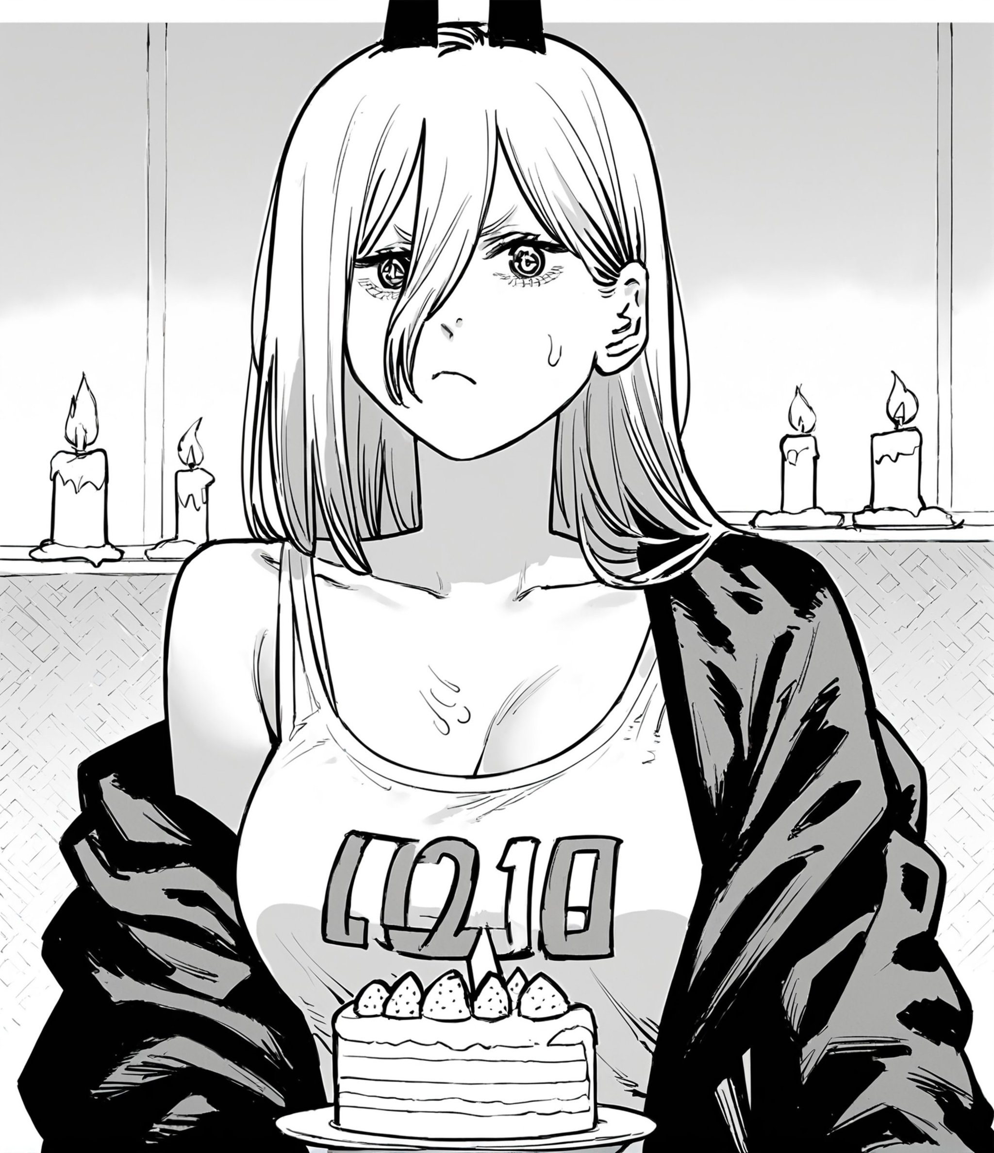 score_9, score_8_up, score_7_up, score_6_up, score_5_up, score_4_up, 2d, sketchy, manga, <lora:Fujimoto_chainsawman:1> fujichai, monochrome, 1girl,solo,long hair,breasts,looking at viewer,large breasts,shirt,hair between eyes,jacket,monochrome,upper body,greyscale,sweat,food,horns,off shoulder,sweatdrop,symbol-shaped pupils,demon horns,cake,candle,cross-shaped pupils,birthday cake,jacket partially removed,power (chainsaw man) BREAK source_anime 