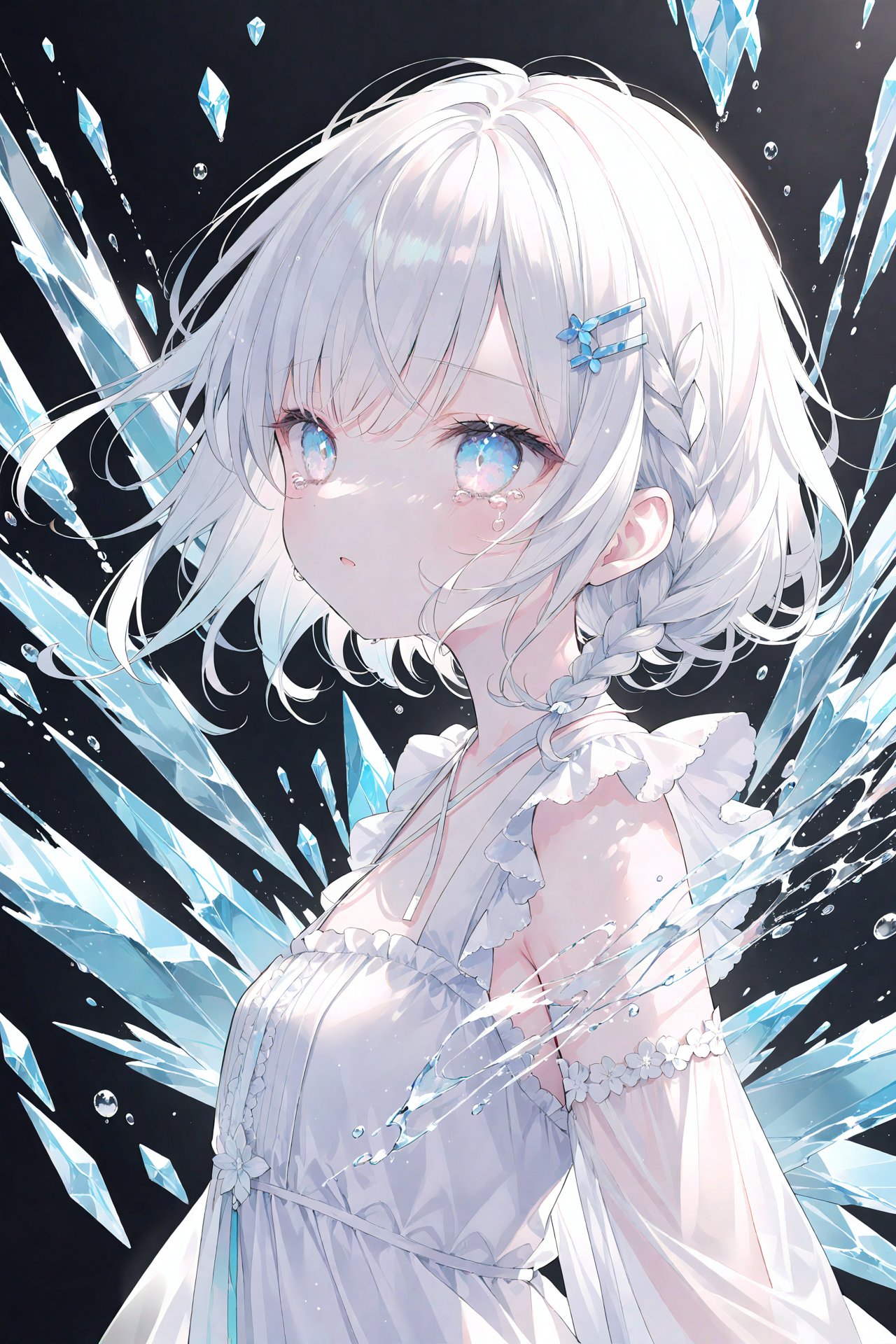 masterpiece,best quality,high quality,(colorful),Artist onineko,1girl,loli,White Dress,White short hair,braids,lily flower hair clip,upper body,cry,water,black background,Ice crystal,dappled sunlight,Suspended colorless crystal,beautiful detailed glow,(detailed ice),beautiful detailed water,