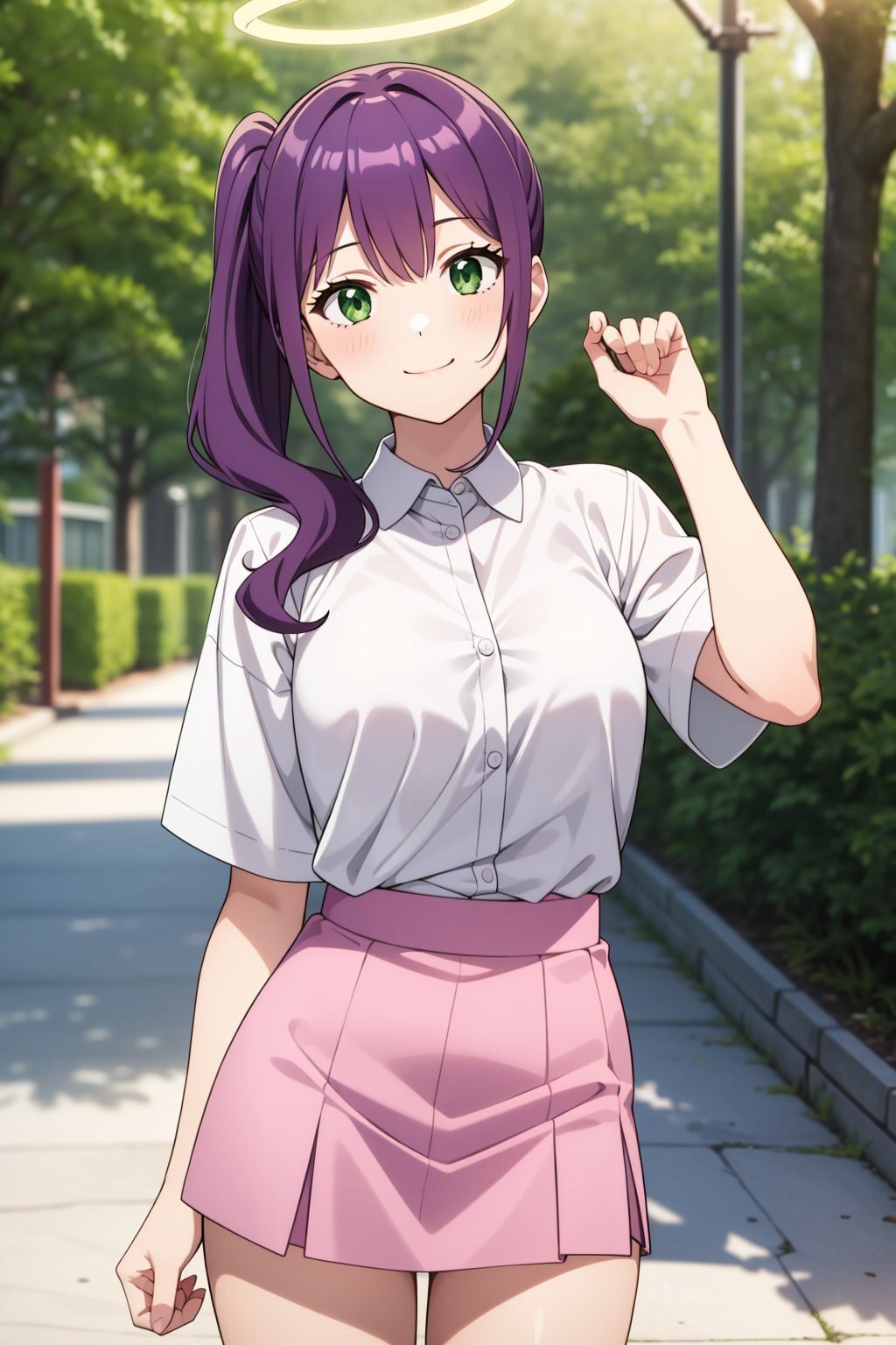 1girl, solo,long hair, wavy hair, purple hair, side ponytail, green eyes, medium breasts, white shirt, collared shirt, pink miniskirt, head tilt, light smile, halo, forest, blurry background, street, anime screencap,masterpiece, best quality,