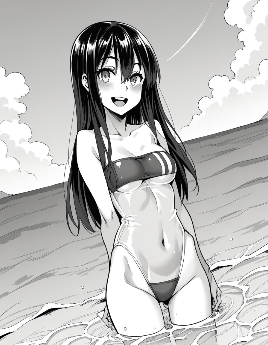 score_9, score_8_up, score_7_up, source_anime, sakiyoshida, <lora:saki-yoshida-manga-ponyxl-lora-nochekaiser:1>, saki yoshida, long hair, hair between eyes, monochrome, greyscale, black hair, medium breasts,, <lora:gris-swimsuit-ponyxl-lora-nochekaiser:1>, gris swimsuit, see-through one-piece swimsuit, strapless one-piece swimsuit, double verticle stripe, highleg swimsuit, covered navel, see-through, strapless, underboob,, outdoors, beach, submerged, water, blush, smile, open mouth,, cowboy shot, dutch angle,