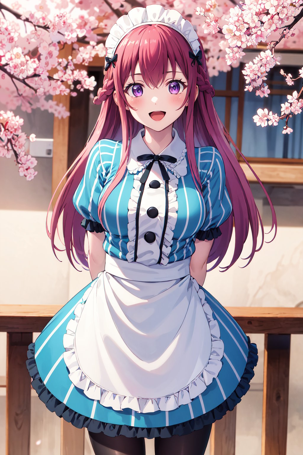 masterpiece, best quality, highres, 1girl, solo, long hair, purple hair, braid, maid headdress, purple eyes, neck ribbon, frills, vertical stripes, blue dress, short sleeves, apron, black pantyhose, <lora:makuzawa_ouka_v1:0.7>, arms behind back, smile, open mouth, standing, cowboy shot, leaning forward, outdoors, cherry blossoms,