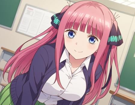 score_9, score_8_up, score_7_up, source_anime,ninonakano, <lora:nino-nakano-s1-ponyxl-lora-nochekaiser:1>,nino nakano, long hair, bangs, blue eyes, hair ornament, hair ribbon, pink hair, blunt bangs, two side up, butterfly hair ornament, mature female,skirt, shirt, long sleeves, white shirt, pleated skirt, open clothes, collared shirt, sleeves past wrists, dress shirt, cardigan, green skirt, open cardigan, black cardigan,indoors, classroom, bent over, smile,looking at viewer, cowboy shot, dutch angle, solo,