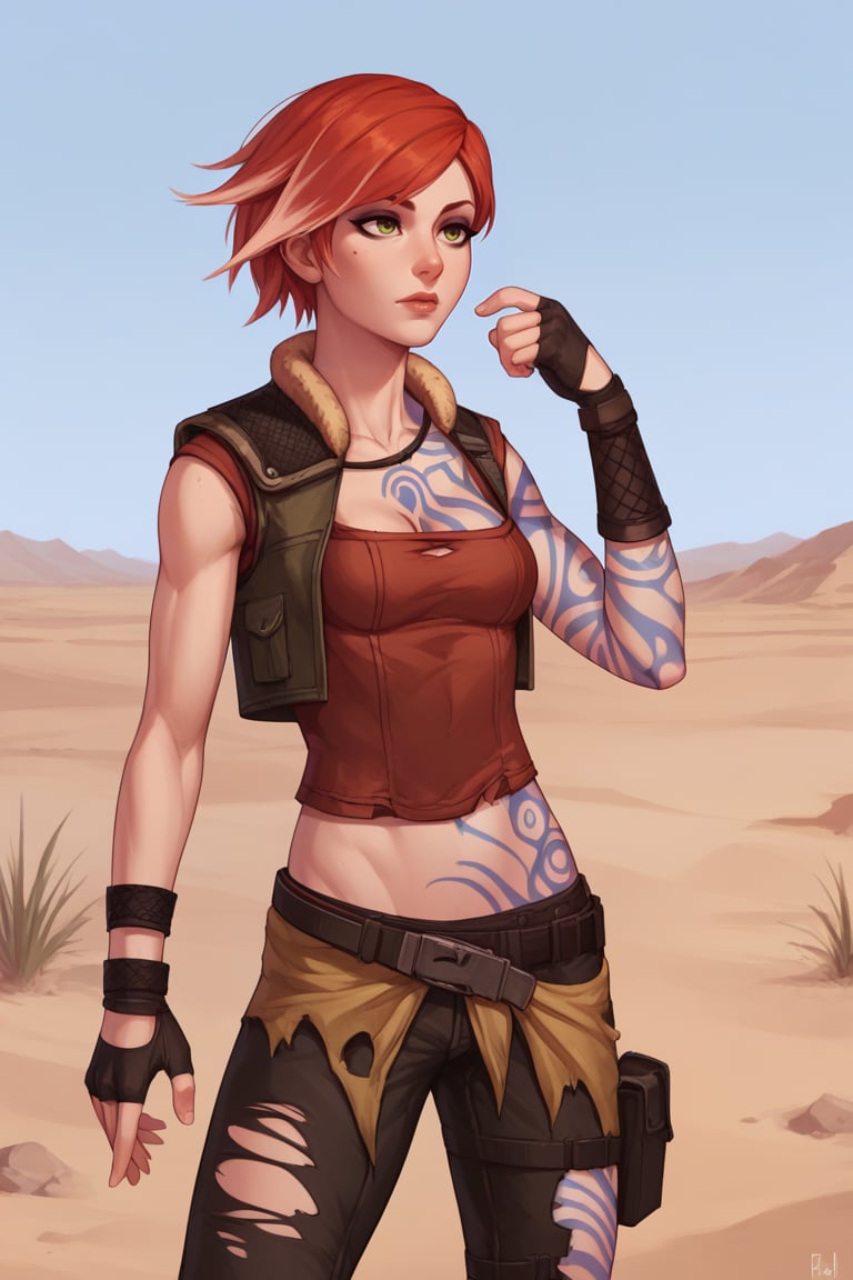 score_9, score_8_up, score_7_up, BREAK , 1girl, solo, breasts, <lora:lilithbl2-guy-v1PONXL:1>, lilithbl2, tattoo, makeup, fingerless gloves, , midriff, belt, crop top, vest, torn clothes, pants, outdoors, desert, gas station, road, dust, hand up, 