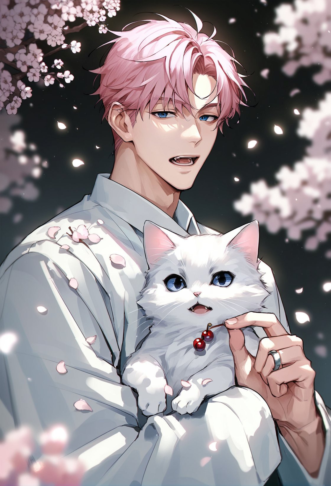 <lora:muksal3.0:0.7>,muksal,1boy,cat,blue eyes,pink hair,ring,open mouth,cherry blossoms,looking at viewer,animal,petals,solo,white shirt,white cat,bangs,handsome,, score_9,score_8_up,score_7_up,source_anime,