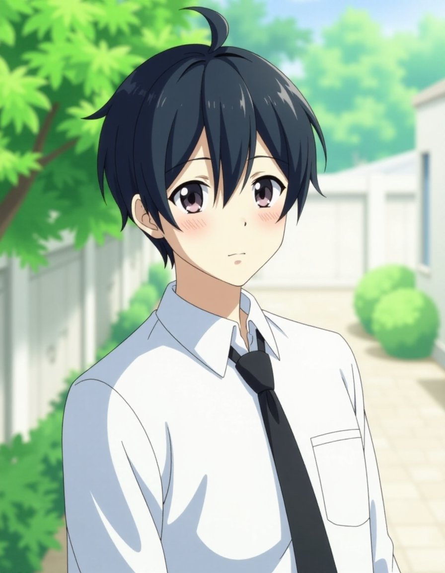 <lora:animestyle_r1:1>finetuneanime, 1boy, male focus, solo, black hair, looking at viewer, necktie, shirt, white shirt, portrait, short hair,outdoors, 