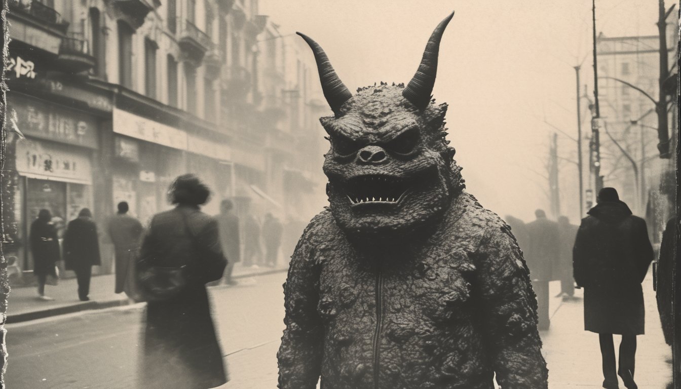 B&W Vintage street photo of vaporwave monster   <lora:Vintage_Street_Photo:1>