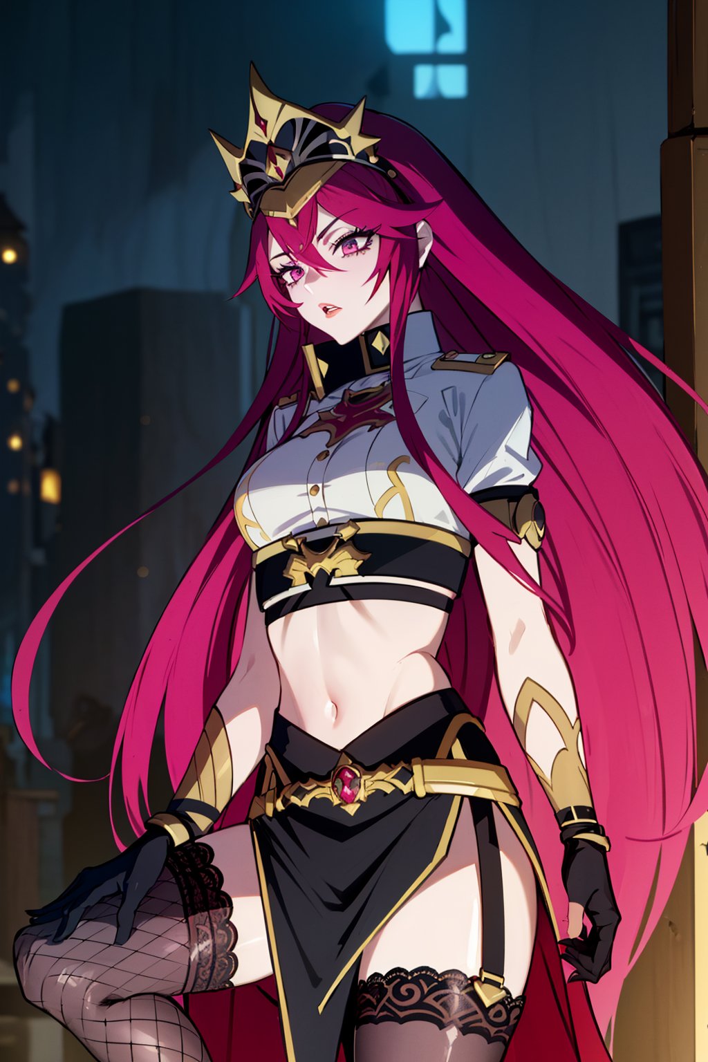 an accurate and detailed full body shot of a young adult female character named Rosaltis, a determined and mysterious aura, (Long flowing magenta hair with pink highlights:1.5), violet-indigo eyes, Seductive makeup, defined lips, (Imperial Veil Crown:1.3), (a white high collar crop top:1.7), (a gothic lace corset underneath crop top:1.4), (Long black opera gloves:1.1), (gold bracers:1.2), (A long black slit-skirt:1.3), Fishnet stockings, Red and gold garter belts, (knee-high Soft-knit wedge heels:1.2), A black belt with various trinkets, Flowing red ribbons, gold accent jewelry, masterpiece, high quality, 4K, rosaria(genshin impact), jessie pokemon, Altair Recreators<lora:EMS-259677-EMS:0.700000>, <lora:EMS-12256-EMS:0.500000>, <lora:EMS-36230-EMS:0.600000>