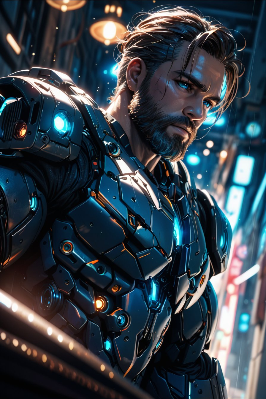 Portrait photo of muscular bearded guy in a worn mech suit, ((light bokeh)), intricate, (steel metal [rust]), elegant, sharp focus, photo by greg rutkowski, soft lighting, vibrant colors, (masterpiece), ((streets)), (detailed face:1.2), (glowing blue eyes:1.1) (Depth of field hdr 8k 4k wallpaper cinematic angle, cinematic lighting,:1.1) (masterpiece, best quality:1.75), (Depth of field hdr 8k 4k wallpaper cinematic angle, cinematic lighting,:1.5) (masterpiece, best quality:2.0)