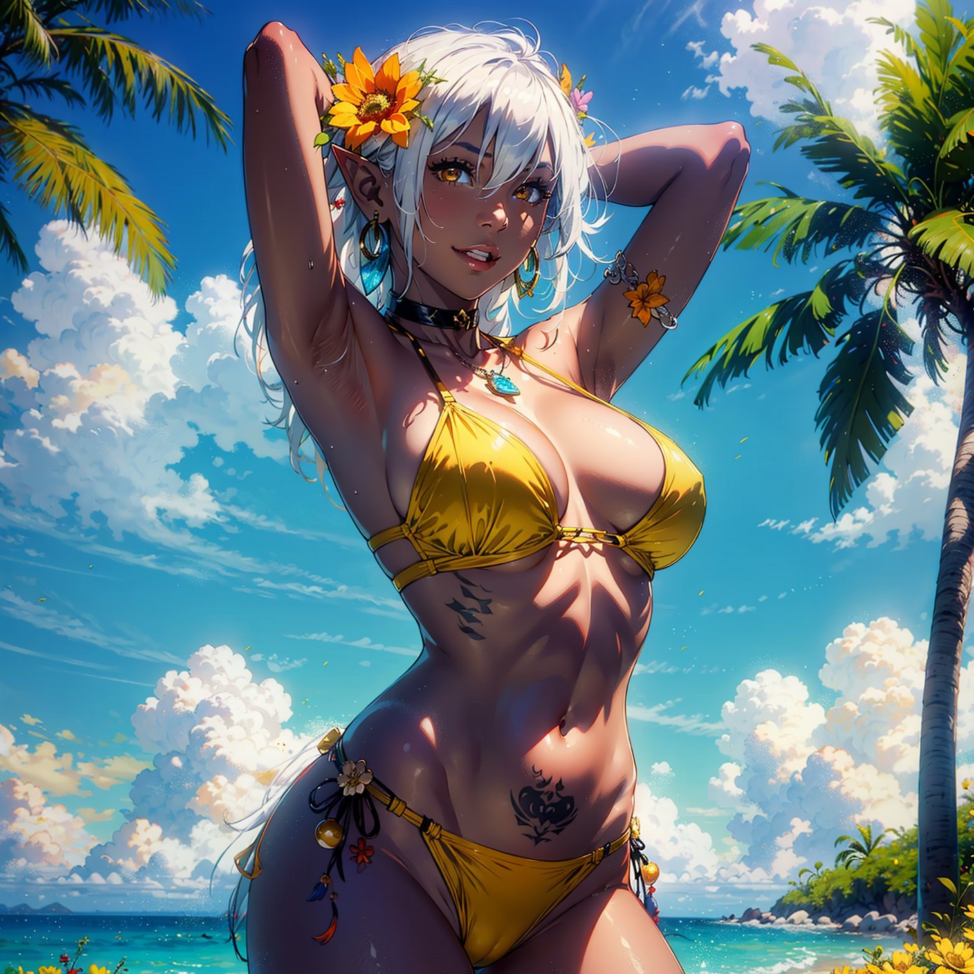 1girl, breasts, solo, dark skin, dark-skinned female, jewelry, long hair, elf, pointy ears, navel, outdoors, large breasts, armpits, tree, smile, flower, tattoo, swimsuit, bikini, looking at viewer, day, dark elf, armlet, necklace, hair ornament, arms up, palm tree, hair between eyes, orange eyes, earrings, white hair, sky, hair flower, cowboy shot, very long hair, bangs, parted lips, stomach, blue sky, arms behind head, choker, cleavage, cloud, yellow bikini, sidelocks, ocean, yellow flower, orange bikini, flower necklace, bikini bottom only, mismatched bikini, water, collarbone, topless