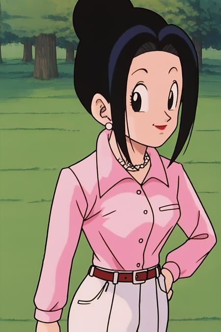 source_anime, score_9, score_8_up, score_7_up, anime screencap,8k, absurd res,chi-chi, ((end of buu)), 1girl, solo, looking at viewer, smile, grass, shirt, black hair, long sleeves, tree, outdoors, jewelry, standing, from above, earrings, collared shirt, belt, pants, necklace, hair bun, black eyes, dress shirt, single hair bun, pink shirt, hand on hip, shirt tucked in, pearl necklace, white pants, long sidelocks, looking at viewer,  <lora:chichi_pony_v2:0.8>