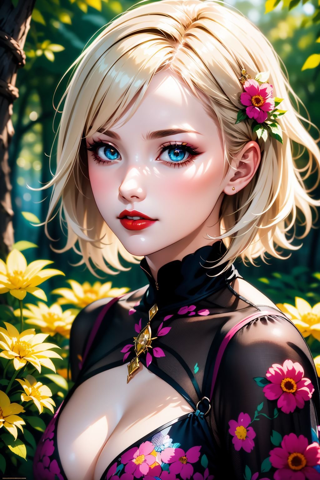 upper body shot, 1girl, mature female, short Platinum Blonde hair, bangs, detailed pupils, wearing flowers dress, red lipstick, outdoors, nature, colorful, vivid colors, masterpiece, absurdres