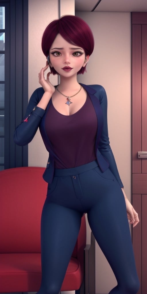 Hyperrealistic, photorealistic, super detailed, perfect face, (strict dark blue jacket), (strict dark blue trousers), short hair with a gradient of strong raspberry to moderate rose color, expressive moderate red eyes, raspberry colored lipstick, body like in real life, large pores, slender, medium height, pale skin, beautiful arms, beautiful legs, unreal engine, octane render, droped shadow, bokeh, cinematic lighting, <lora:add_detail:0.5>, <lora:Volumetric_lighting:0.6>, raspberry colored lipstick, moderate red eyes, short hair with a gradient of strong raspberry to moderate rose color, Chamack, Nadja, , <lora:a9a766c8-d663-4fd8-8723-45c5a2f45a0b:0.7>