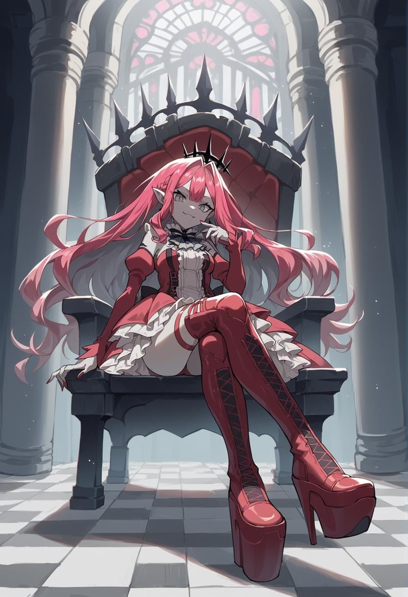 1girl, grey skin, colored skin, pale skin, pointy ears, pink hair, very long hair, grey eyes, multicolored hair, grey hair, colored inner hair, hair ornament, ascot, ribbon, Pink dress, long sleeves, detached sleeves, puffy sleeves, Thigh Strap, Thigh Boots, Zettai Ryouiki, frills, sitting, indoors, throne room, royal throne, smile, shaded face, fang, from below, platform footwear, high heels, red footwear <lora:bob:1>, score_9, score_8_up, score_7_up, score_6_up, score_5_up, score_4_up, BREAK source_anime, masterpiece