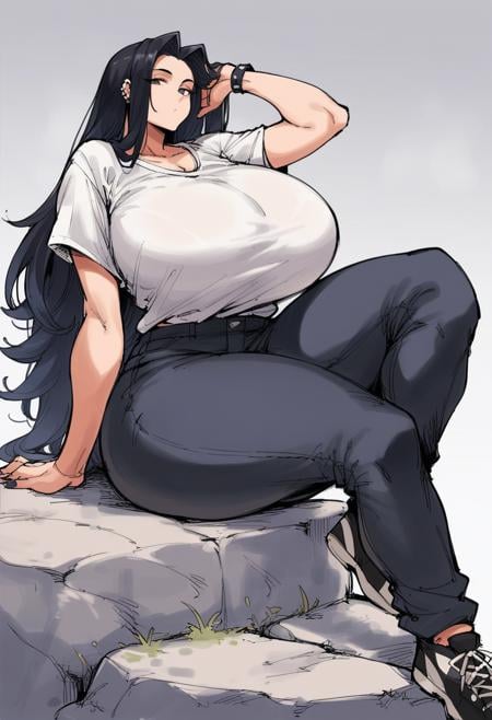1girl, female, solo, huge breasts, thick thighs, wide hips, huge ass, black hair, long hair, punk, rock star, loose shirt, white shirt, black pants, night sky BREAK score_9, score_8_up, score_7_up, rating_safe <lora:paranoiddroid:0.7>