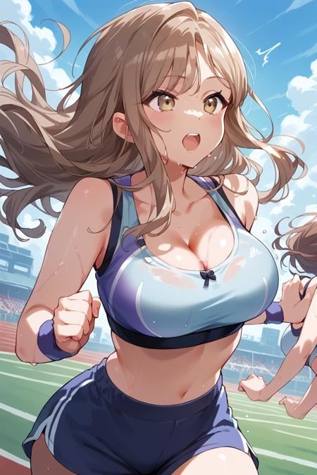 score_9, score_8_up, score_7_up, score_6_up, 1girl,<lora:Tendo_HayateV2:0.9> hayate, long hair, brown hair, sweaty, sport bra, breasts, cleavage, run, bouncing,