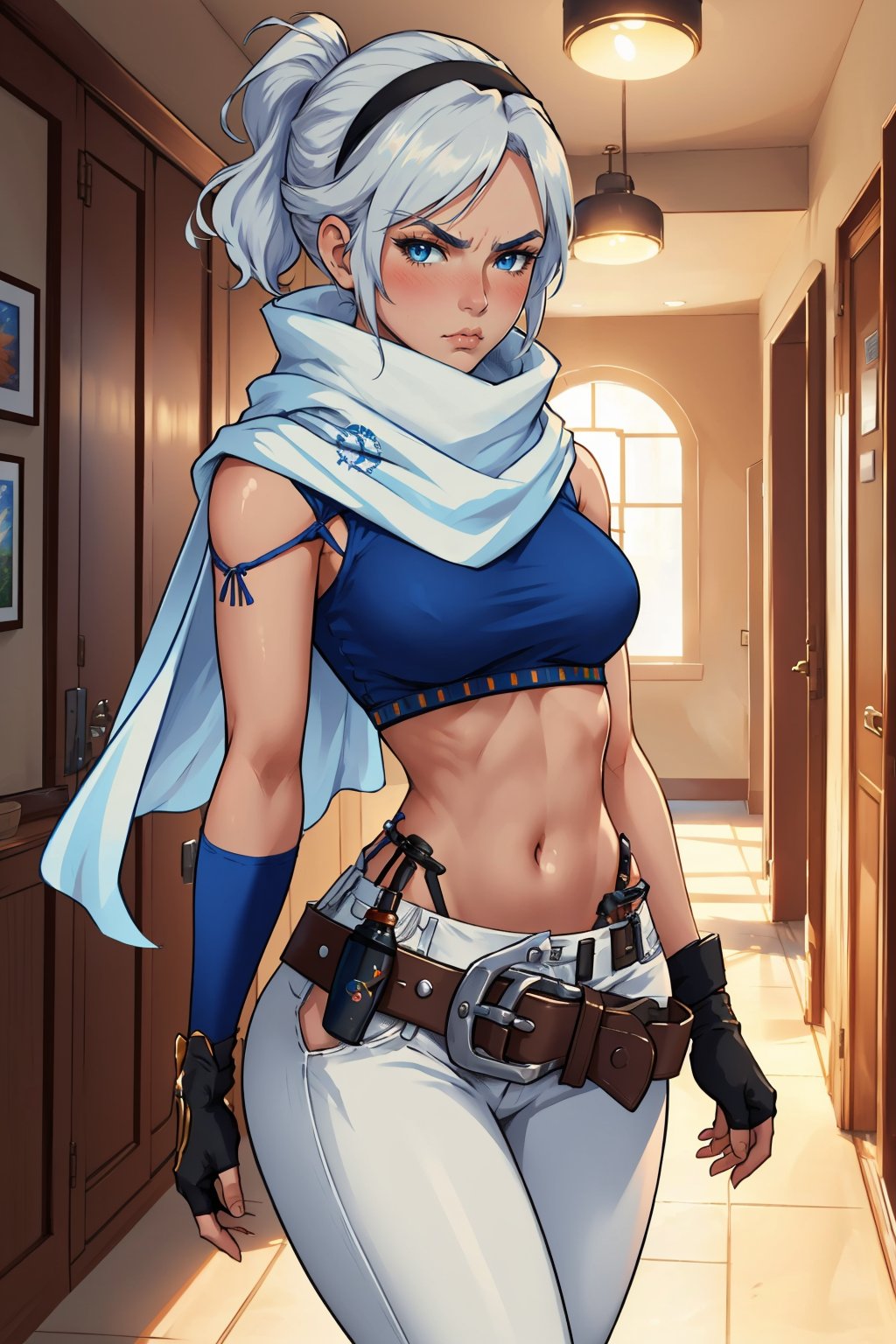 masterpiece, best quality, 1girl,  <lora:adelle-nvwls-v1-000009:1> adelle, short ponytail, white hair, black hairband, white scarf, blue shirt, midriff, white pants, belt, fingerless gloves, medium breasts, looking at viewer, furrowed brow, looking at viewer, blush, hallway, pout