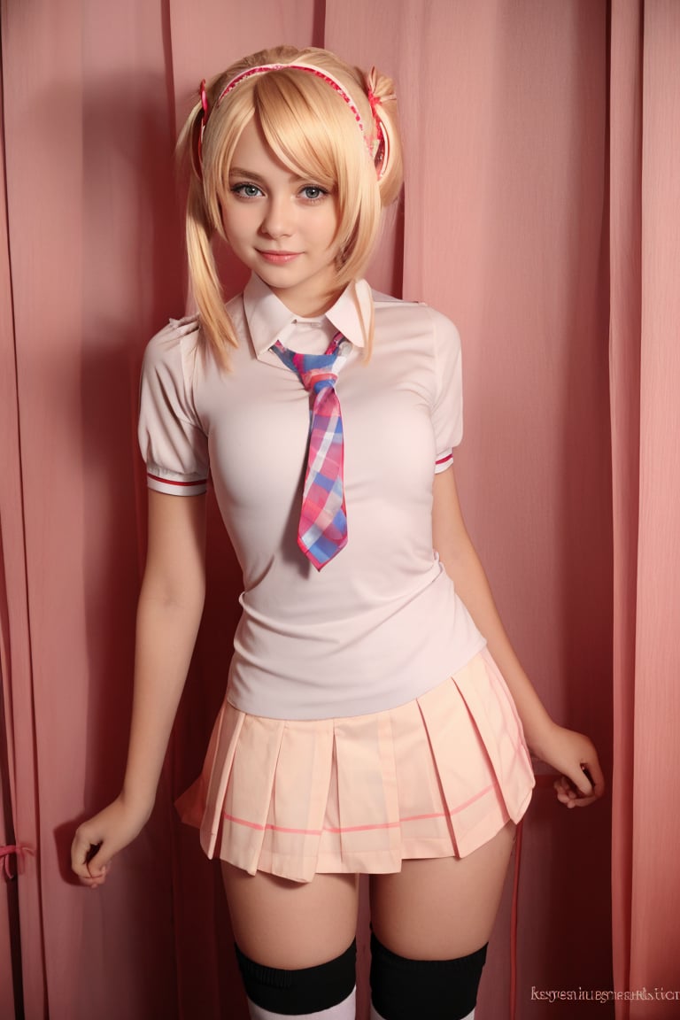 1girl, solo, skirt, blonde hair, thighhighs, twintails, school uniform, hairband, necktie, serafuku, zettai ryouiki, cosplay, parody, realistic<lora:EMS-263-EMS:0.600000>, <lora:EMS-48083-EMS:0.300000>, <lora:EMS-430768-EMS:0.800000>