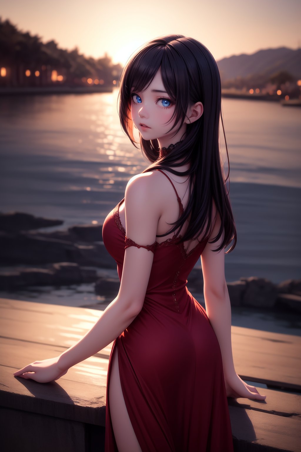 1 stunning beautiful girl, long copper hair, breathtaking beauty, pure perfection, red gauze dress, lake, starry night,  perfect  blue eyes, sexy pose, luminous, translucent, luminous, translucent,  depth of field, wide view, view from behind, looking at viewer, full length body, perfect beautiful hands,(masterpiece:1.2), (best quality:1.2), newest, ai-generated, ultra-detailed, best shadow, detailed background, high contrast, (best illumination, an extremely delicate and beautiful), ((cinematic light)), hyper detail, dramatic light, intricate details, 8k, anime, very aesthetic, <lora:more_details:0.5>