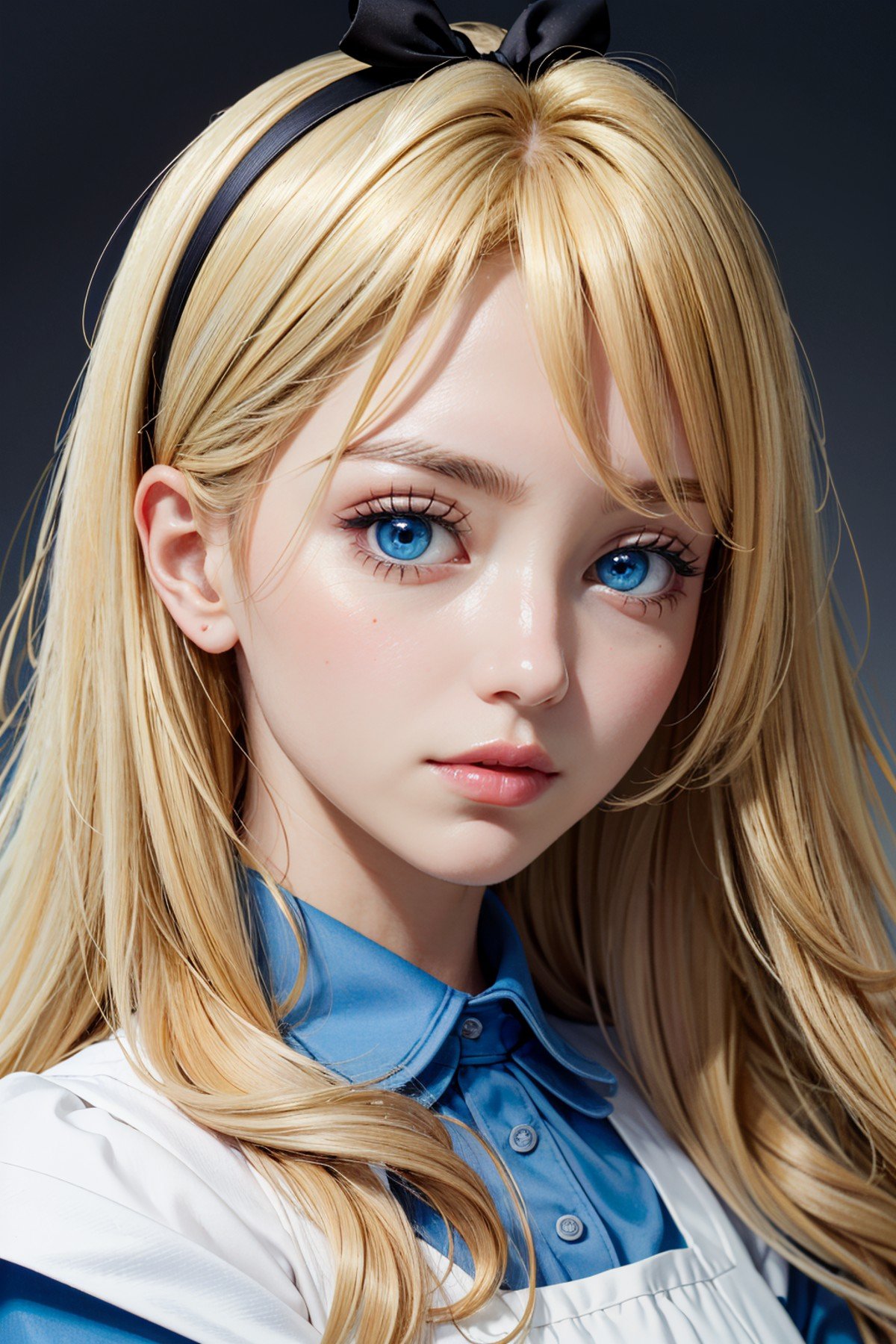 ((ultra detailed, masterpiece, absurdres)) <lora:DisneyAlice:0.8>DisneyAlice, 1girl, blonde hair, blue eyes, hairband, looking at viewer, simple background, portrait