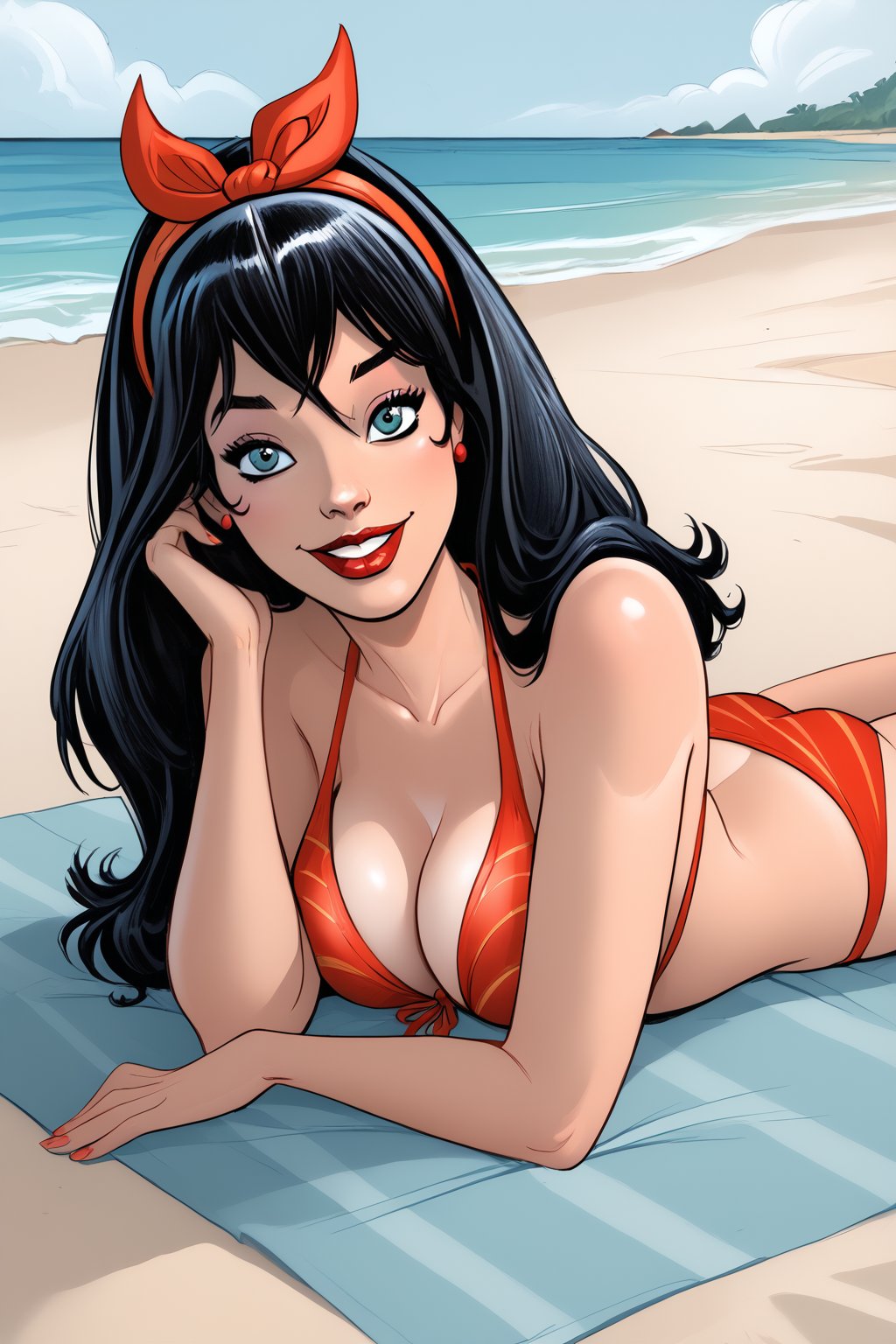 score_9, score_8_up, score_7_up, masterpiece, high quality, BREAK <lora:Bombshell Wonder WomanPonyLoRA:0.8>bmbshllwndrwmn, long hair, hairband, cleavage, bikini, on the beach, laying on towel. happy <lora:Dean Yeagle StylePonyLyco:1> dystlye