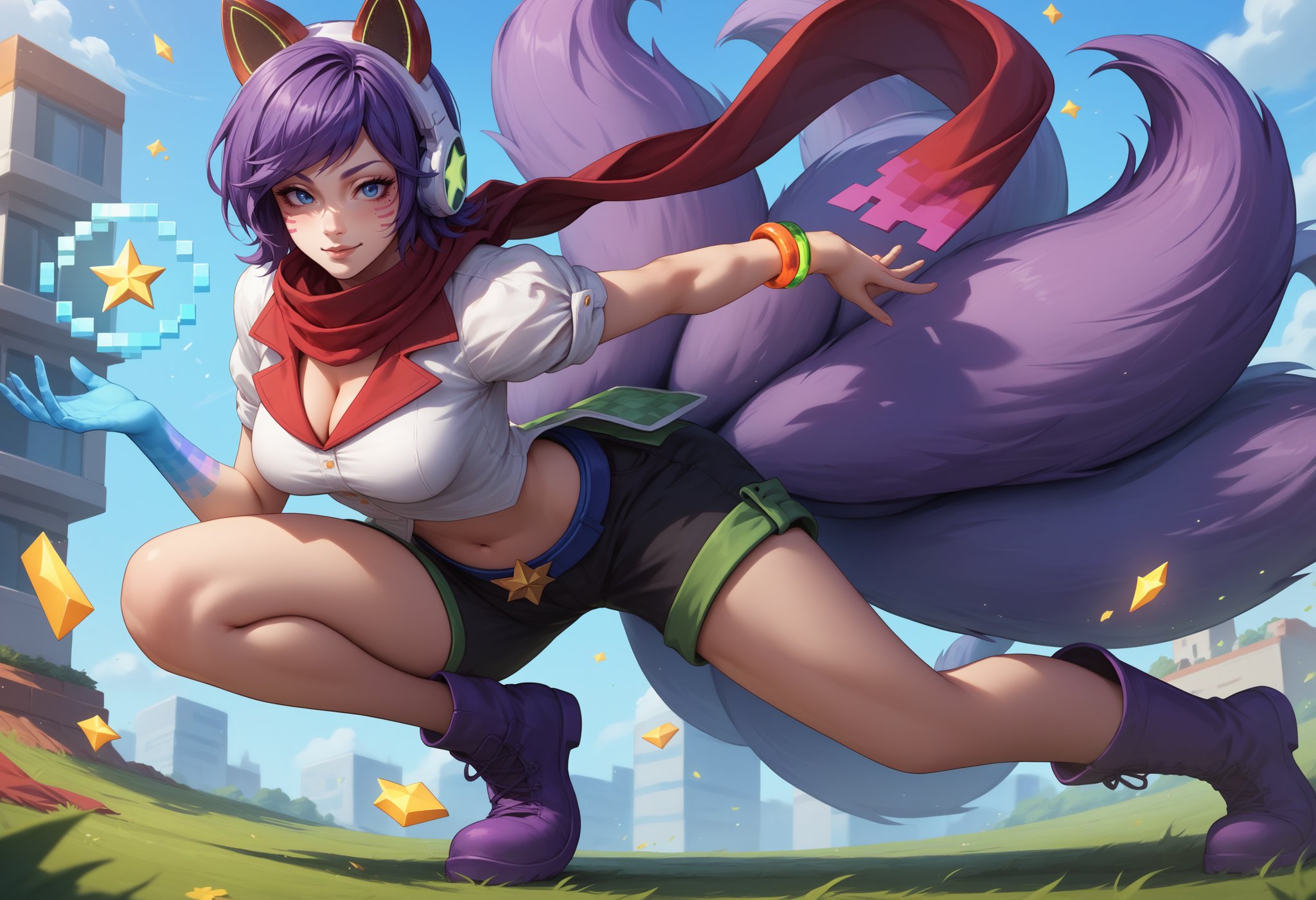 score_9, score_8_up, score_7_up, 1girl, solo, full body, seductive smile, outdoors, Ahriarcade, animal ear headphones, fox tail, multiple tails, facial mark, mole under eye, short hair, purple hair, blue eyes, blue hand, large breasts, red scarf, short sleeves, striped clothes, shirt, cleavage, bracelet, jewelry, midriff, Navel, belt, shorts, thighhighs, asymmetrical legwear, single thighhigh, star (symbol), <lora:Ahri_Arcade_pdxl_Incrs_v1:1>, purple boots, energy ball, dynamic pose, stance, leaning forward, 