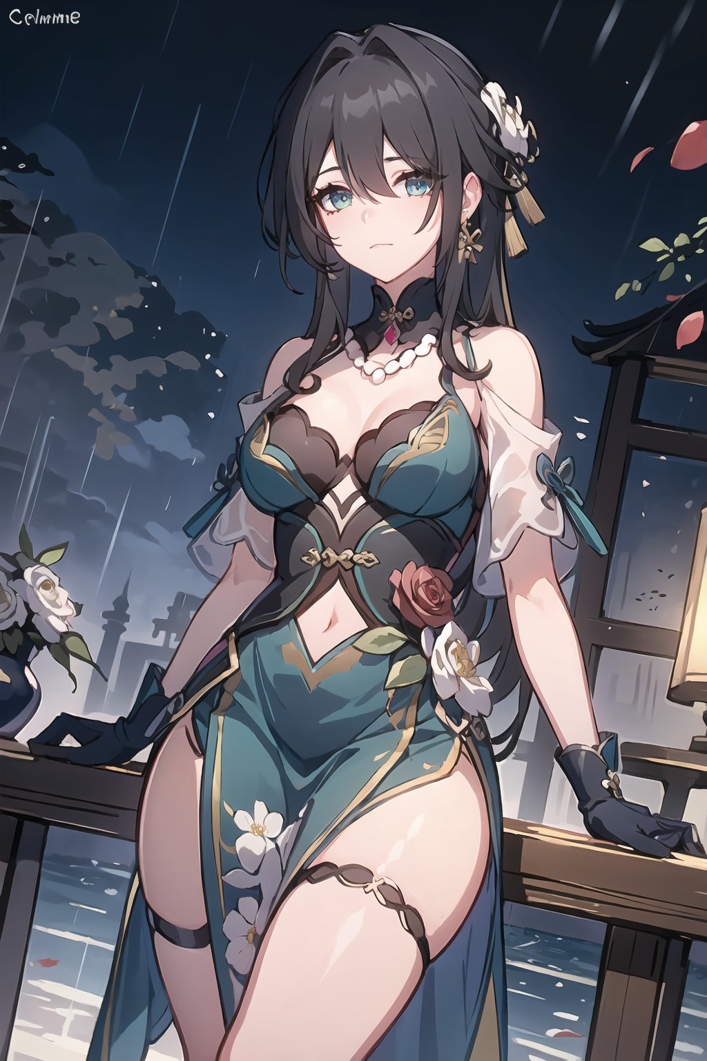 masterpiece,best quality,detialed,ruanmei,ruanmei_official,chinese dress,breasts,long hair,hair between eyes,black hair,bangs,medium breasts,cleavage,hair ornament,thigh strap,white flower,beads,gloves,jewelry,flower,dress,earrings,bare shoulders,blue dress,hair intakes,ruby necklace,black choker,green eyes,blue eyes,<lora:阮梅-0.8-逐辰十七:0.8>,1girl,lakeside,viewfinder,:),lower body,rose petals,rainy days,