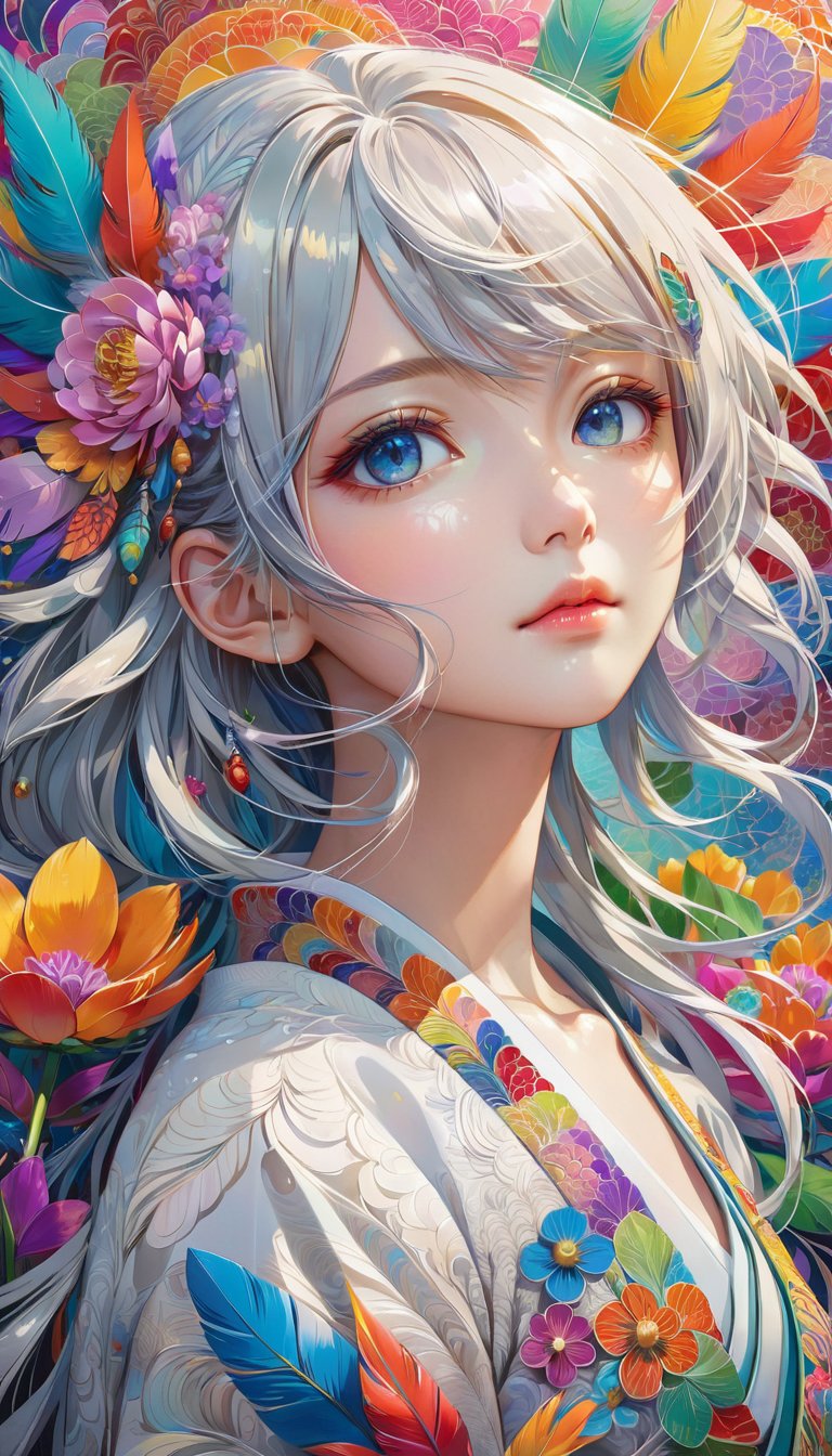 Zen painting illustration,anime art style,masterpiece,top quality,best quality,official art,beautiful and aesthetic,(1girl:1.2),extremely detailed,colorful,flowers,highest detailed,zentangle,abstract background,shiny skin,many colors,feathers,