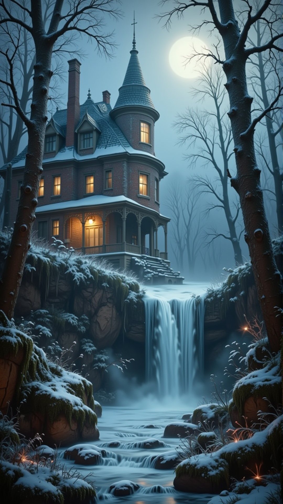 A professional photo of Realistic oil painting, foggy forest, snowy landscape, abandoned victorian mansion, frozen waterfall, misty atmosphere, twilight, blue hour, cool colors, muted tones, misty trees, overgrown garden, mossy bricks, broken windows, ivy, peeling paint, weathered wood, moonlit, chiaroscuro, dramatic contrast, sense of mystery, nostalgia, melancholy, detailed, highly realistic, rich textures, intricate patterns, grand scale, epic, romantic, captivating, evocative, masterpiece