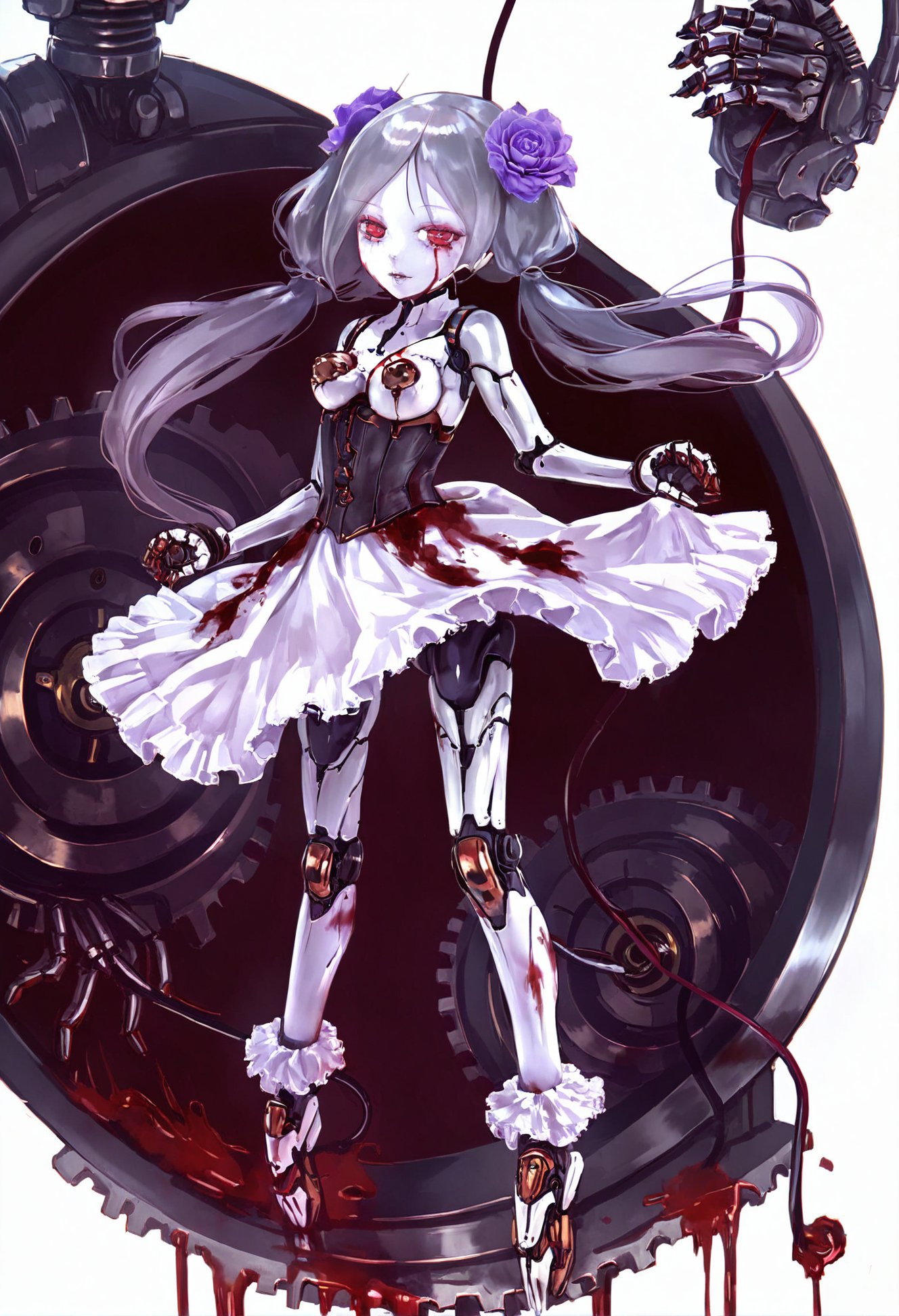 masterpiece, best quality,1girl,   solo, long hair, twintails, android, red eyes, breasts, joints, looking at viewer, medium breasts, robot joints, flower, gears, claws, very long hair, grey hair, colored skin, low twintails, blood splatter, purple flower, clockwork, full body, rose, blood on ground, mechanical parts, horror \(theme\), high-low skirt, blood, framed, cable, robot girl, white skin <lora:1111111XLlokr8f-000187:0.95>