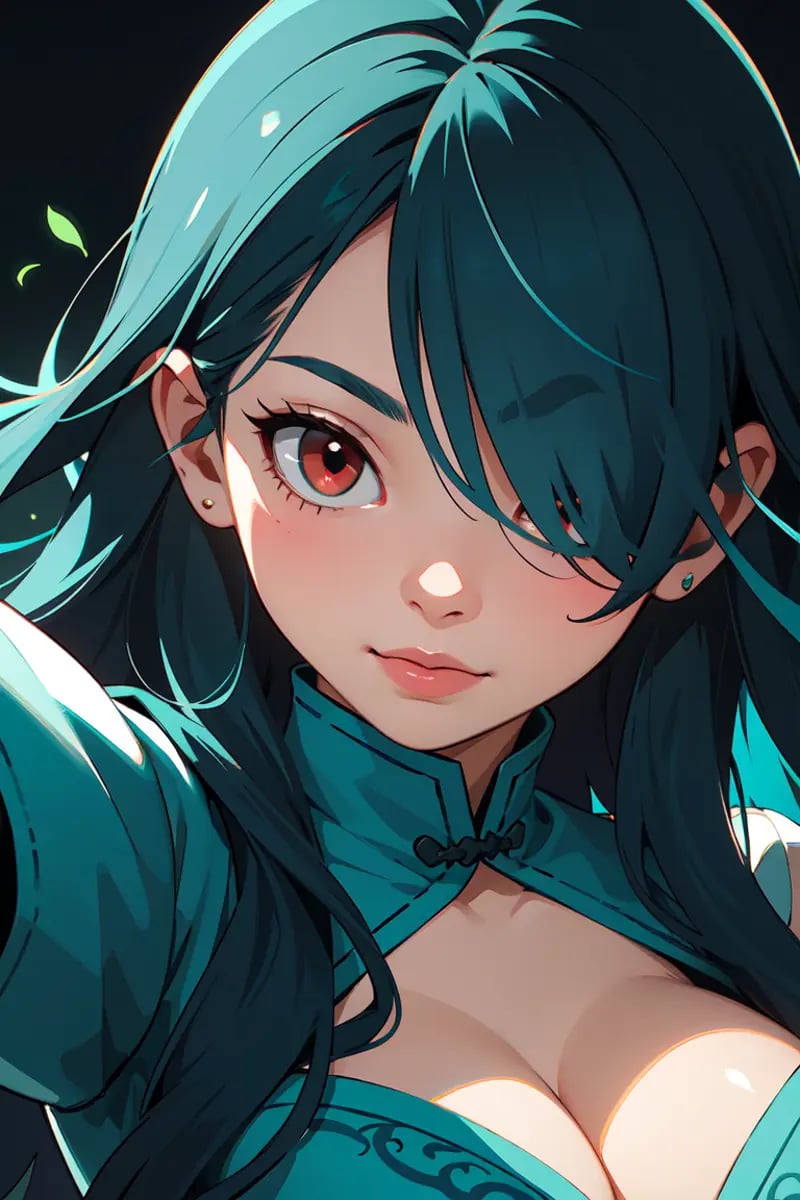 novel illustration of a girl,  very long hair, (((teal hair))), (black hair:1.05), two_tone_hair, hair over one eye, red eyes, eyelid, face shadow, finely detailed, chinese dress, large breast, cleavage, solo, legendary, leaf swirling around the character, colorful refraction, disheveled hair, marvelous illustration, detailed splash, masterpiece, best quality, (magical:1.1), ray tracing, (face shadow), (intricate detailed:1.2), (ultra detailed:1.2), (detailed light), (colorful background), pose, foreshortening, light particles, visual effects,