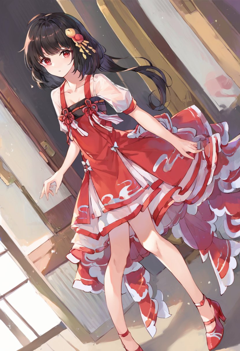 score_9,score_8_up,score_7_up,source_anime,pretty eyes,1girl,dress,hair ornament,red dress,bangs,red eyes,black hair,long hair,see-through,short sleeves,collarbone,ahoge,ribbon,high heels,hair ribbon,puffy sleeves,indoors,<lora:Pony_yousa_default-000008:0.8>,