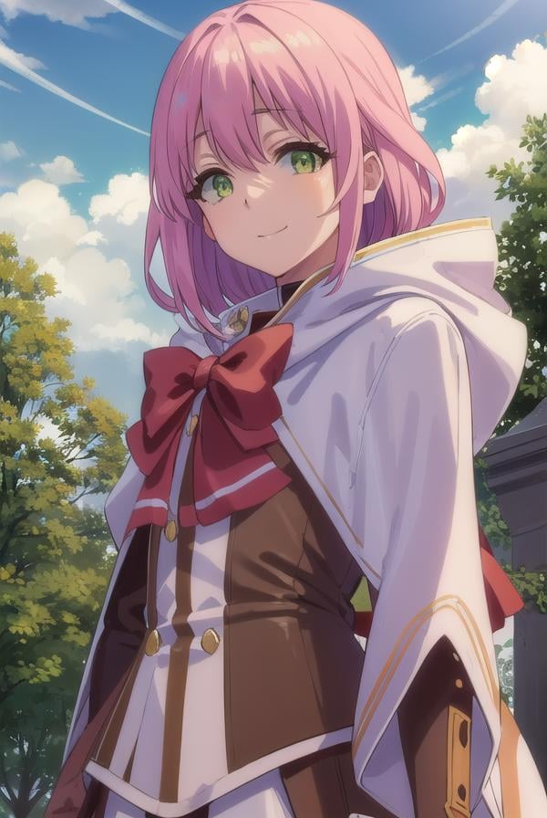 nornclatalissajioral, <lora:norn clatalissa jioral s1-lora-nochekaiser:1>,norn clatalissa jioral, long hair, hair between eyes, (green eyes:1.5), pink hair, smile,BREAK long sleeves, dress, bow, red bow, hood, robe, white robe,BREAK outdoors, forest, nature, grass, trees, sun, sky, clouds,BREAK looking at viewer, (cowboy shot:1.5),BREAK <lyco:GoodHands-beta2:1>, (masterpiece:1.2), best quality, high resolution, unity 8k wallpaper, (illustration:0.8), (beautiful detailed eyes:1.6), extremely detailed face, perfect lighting, extremely detailed CG, (perfect hands, perfect anatomy),