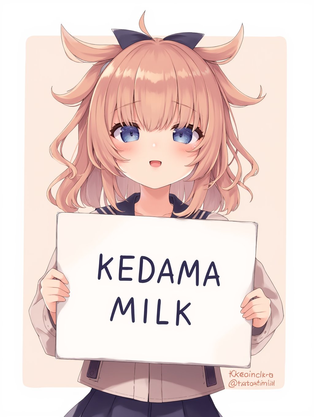 kedamamilk,medium_shot,animated character,a girl,holding a sign that says "KEDAMA MILK",detail background,<lora:kedama-000019:0.95>,