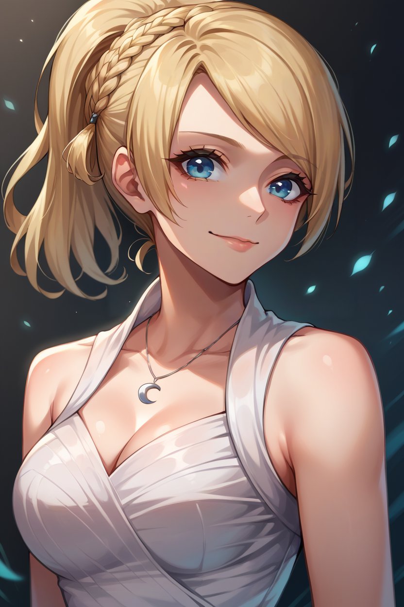 score_9, score_8_up, score_7_up, score_6_up, source_anime, BREAK 1girl, solo,  <lora:lunafreya-pdxl-nvwls-v1-000006:1> lunafreya, blonde hair, blue eyes, braid, ponytail, necklace, white dress, sleeveless dress, long dress, looking at you, abstract background, black background, large breasts, light smile, upper body, legs