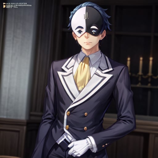 <lora:Vanir Spoch 10:0.7>, vanir-liver020, 1boy, male focus, solo, mask, gloves, blue hair, white gloves, formal, pants, suit, black footwear, jacket, ascot, black and white mask, moon, star, symbols, symbol II, mask on head,  <lora:add_detail:1>, 1 girl, 20yo, Beautiful Fingers, Beautiful long legs, Beautiful body, Beautiful Nose, Beautiful character design, perfect eyes, perfect face, looking at viewer, (innocent_big_eyes:1.0), official art, perfect lighting , Colorful, Bright_Front_face_Lighting, (masterpiece :1.0), (best_quality:1.0), ultra high res,4K, ultra-detailed, photography, 8K, HDR, highres, absurdres:1.2, Kodak portra 400, film grain, blurry background, lens flare, (vibrant_color:1.2) , (Beautiful,large_Breasts:1.4), (beautiful_face:1.5), (narrow_waist),