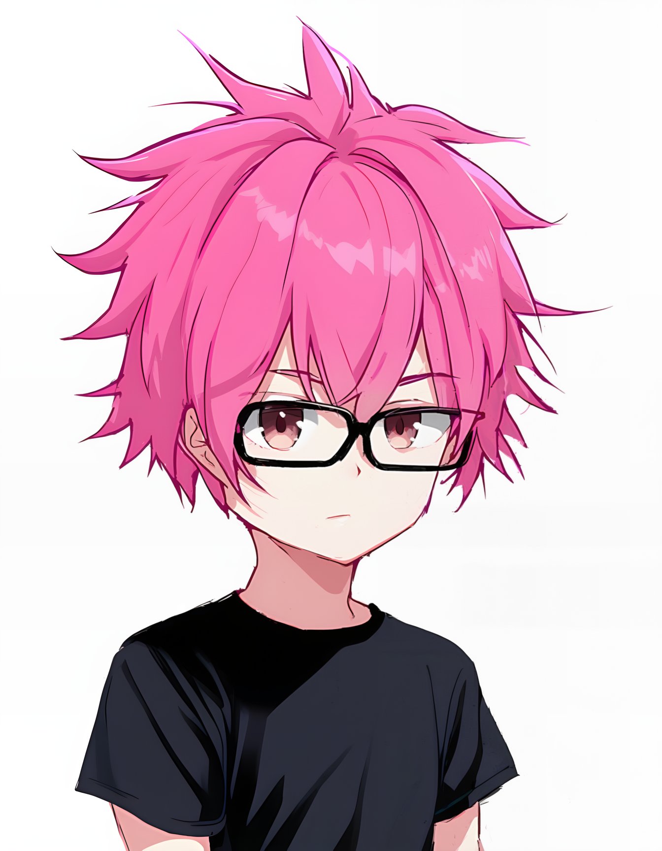 looking at viewer, short hair, simple background, shirt, white background, 1boy, closed mouth, brown eyes, collarbone, upper body, pink hair, male focus, short sleeves, glasses, pink eyes, black shirt, expressionless, t-shirt, black-framed eyewear ,