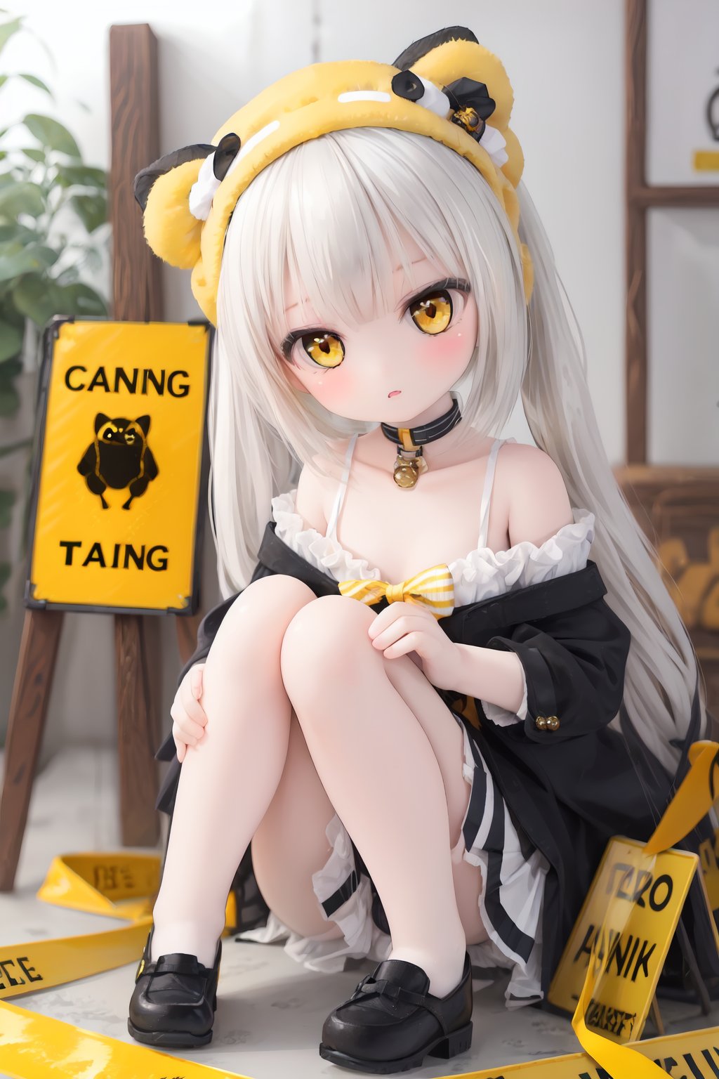 (warning sign:1.2), (caution tape:1.3),//(looking away ,knees to chest, :1.2)1girl,loli,little girl,white hair,low twintails, ,full body,(yellow and black striped animal costume:1.2),(bee:1.2)<lora:doll-v1:0.5>,