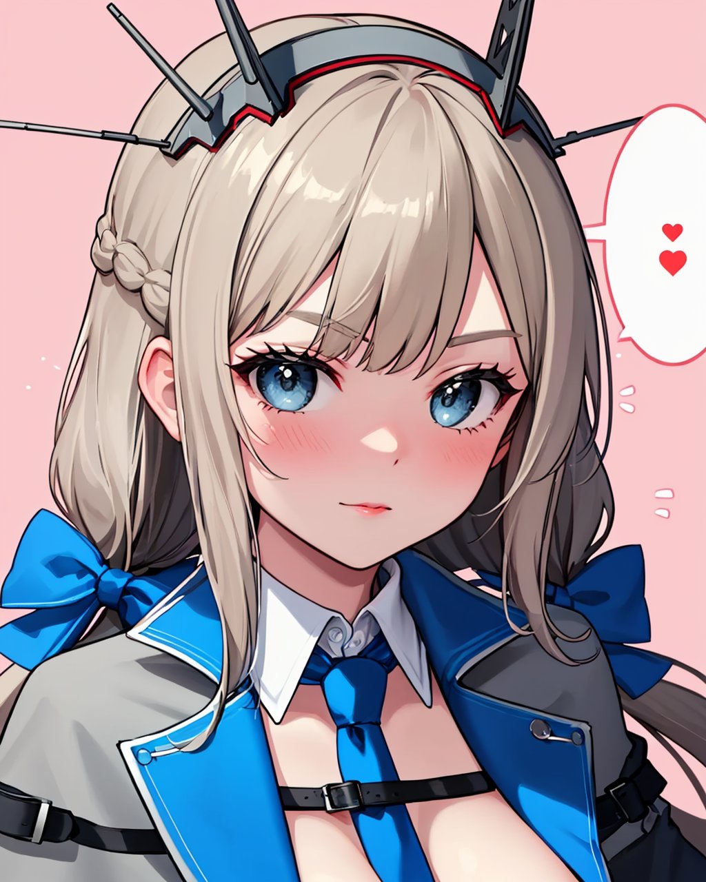 masterpiece,best quality, highly detailed, maryland (kancolle),1girl, solo, large breasts, low twintails, thought bubble, black gloves, speech bubble, blue necktie, blue bow, hair bow, ?, headgear, hairband, capelet, braid, necktie between breasts, pleated dress, grey dress, blush,<lora:maryland_(kancolle):1>