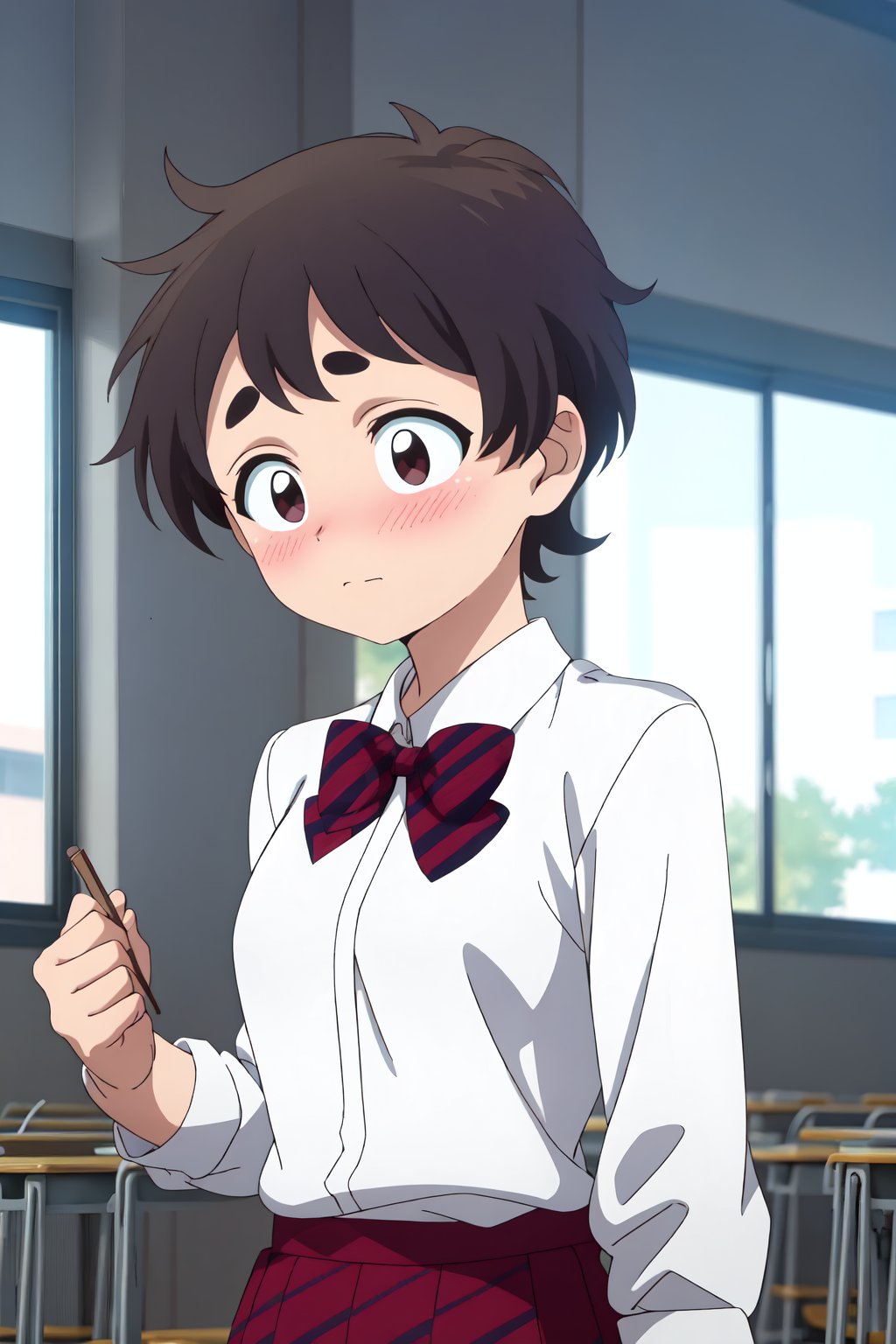 Nokoko Inaka, (8k, HD), 1girl, solo, blush, short hair, shirt, black hair, bow, brown eyes, closed mouth, school uniform, white shirt, upper body, striped, collared shirt, indoors, bowtie, red bow, thick eyebrows, skirt with diagonal lines, blue lines<lora:EMS-468467-EMS:0.800000>